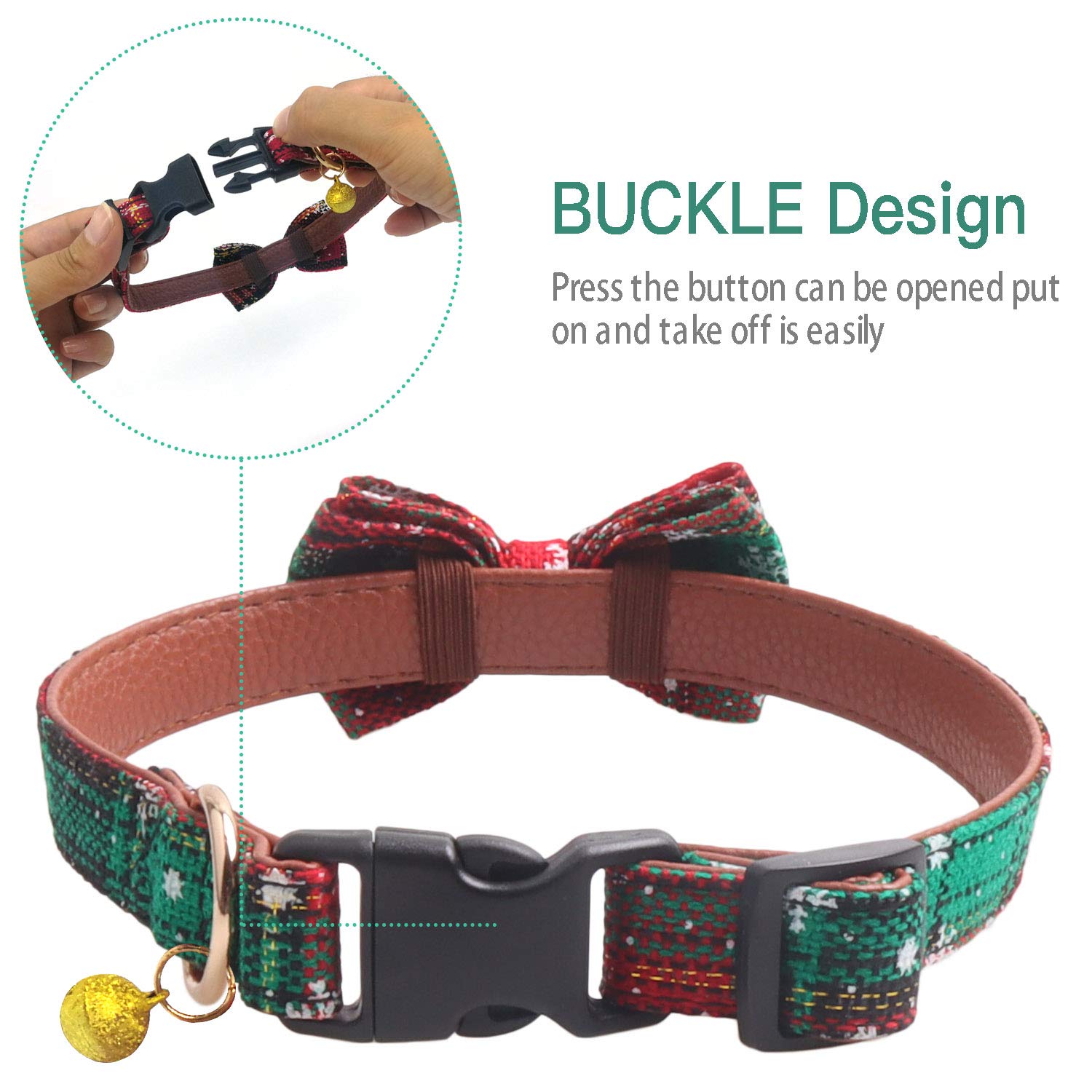 Kudes 2 Pack/Set Christmas Snowflake Dog Collars Breakaway With Bow Tie And Bells For Cat And Small/Medium/Large Pets, Red & Gre