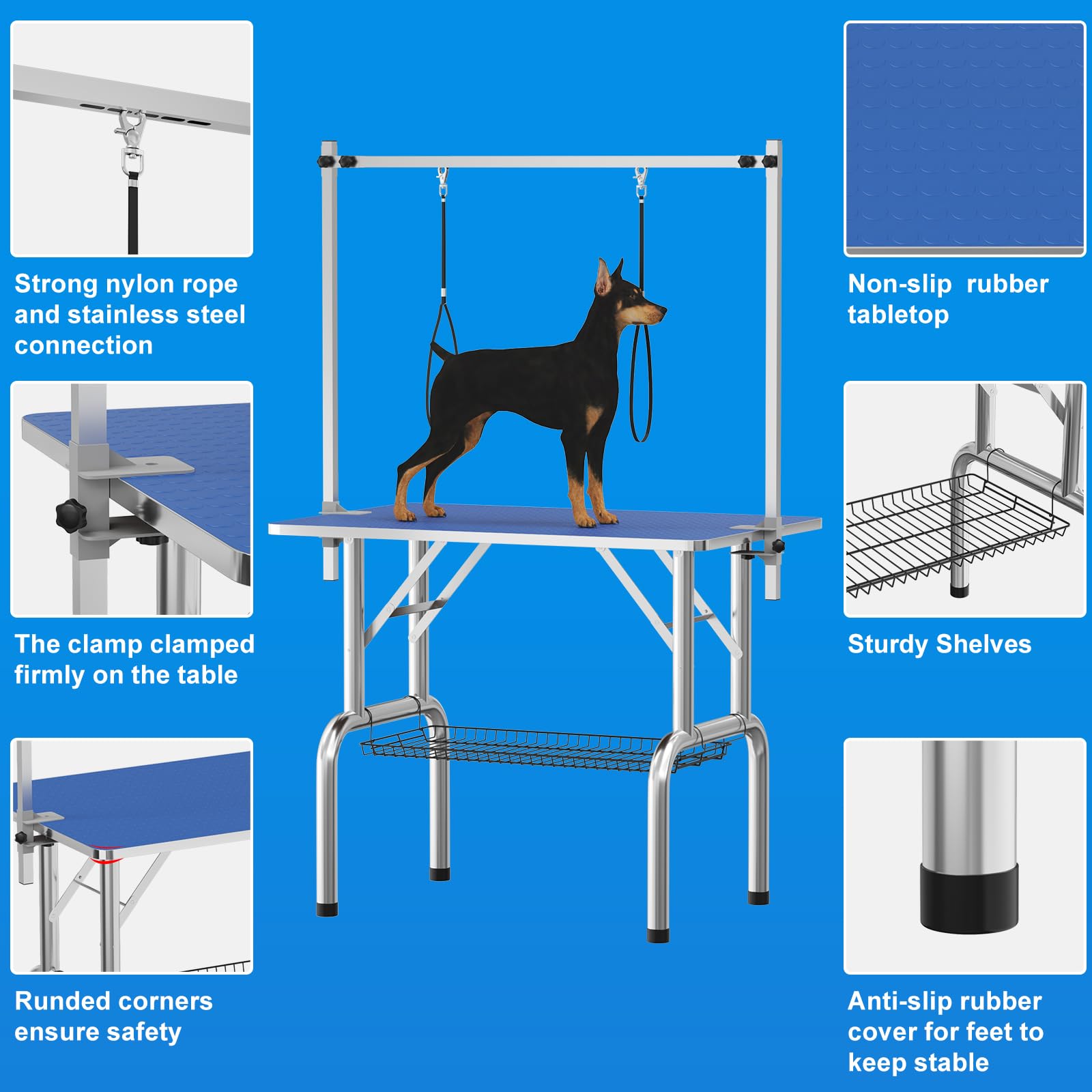 36 Professional Dog Pet Grooming Table Heavy Duty Adjustable with Overhead Arm, Two Grooming Noose Mesh Tray Blue