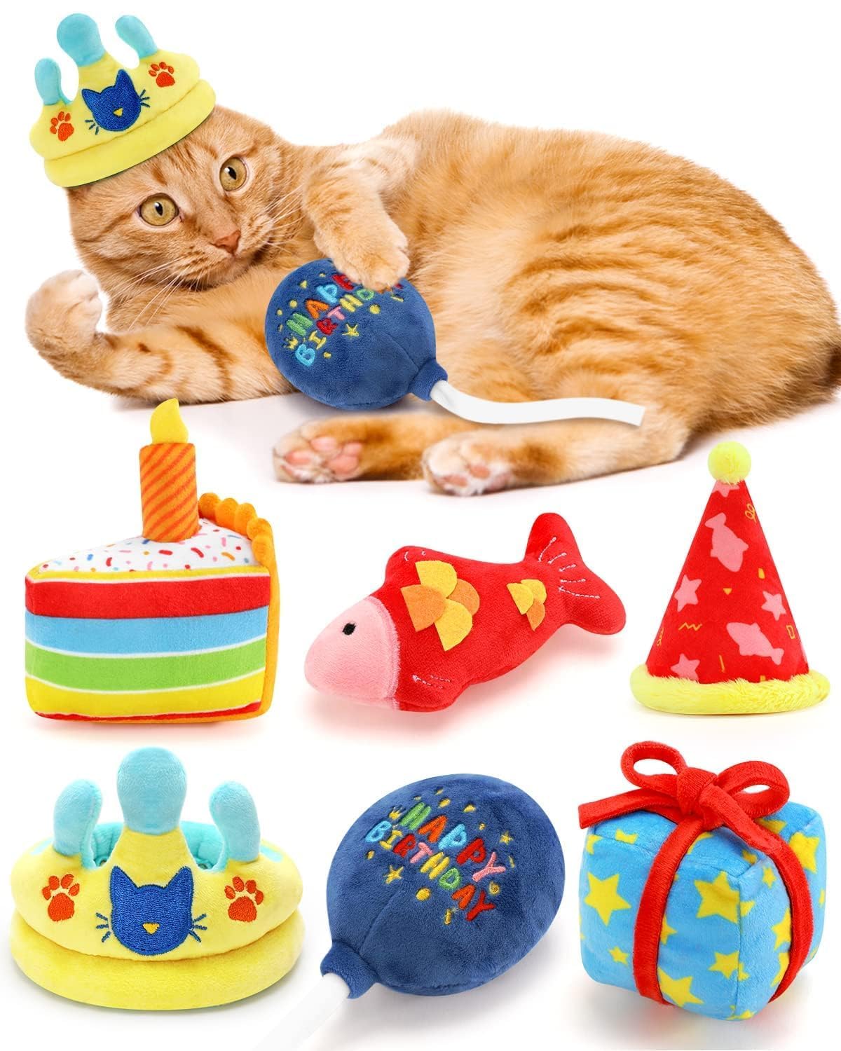 CiyvoLyeen 6Pcs Birthday Themed Catnip Toys Cat Birthday Gift Kitten Interactive Toys for Cat Lover Cake Crown Fish Soft Plush C