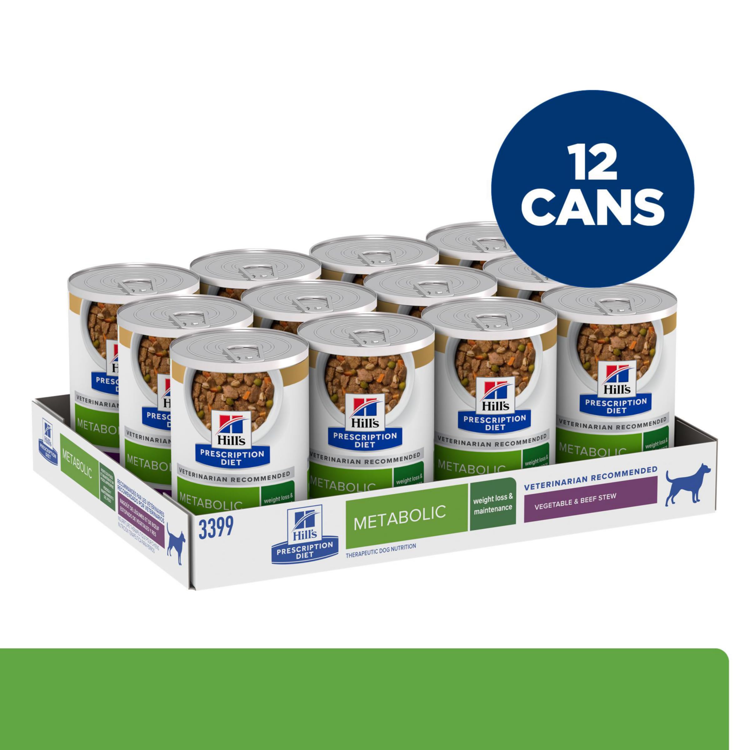 Hills Prescription Diet Metabolic Weight Management Vegetable & Beef Stew Wet Dog Food, Veterinary Diet, 12.5 oz. Cans, 12-Pack
