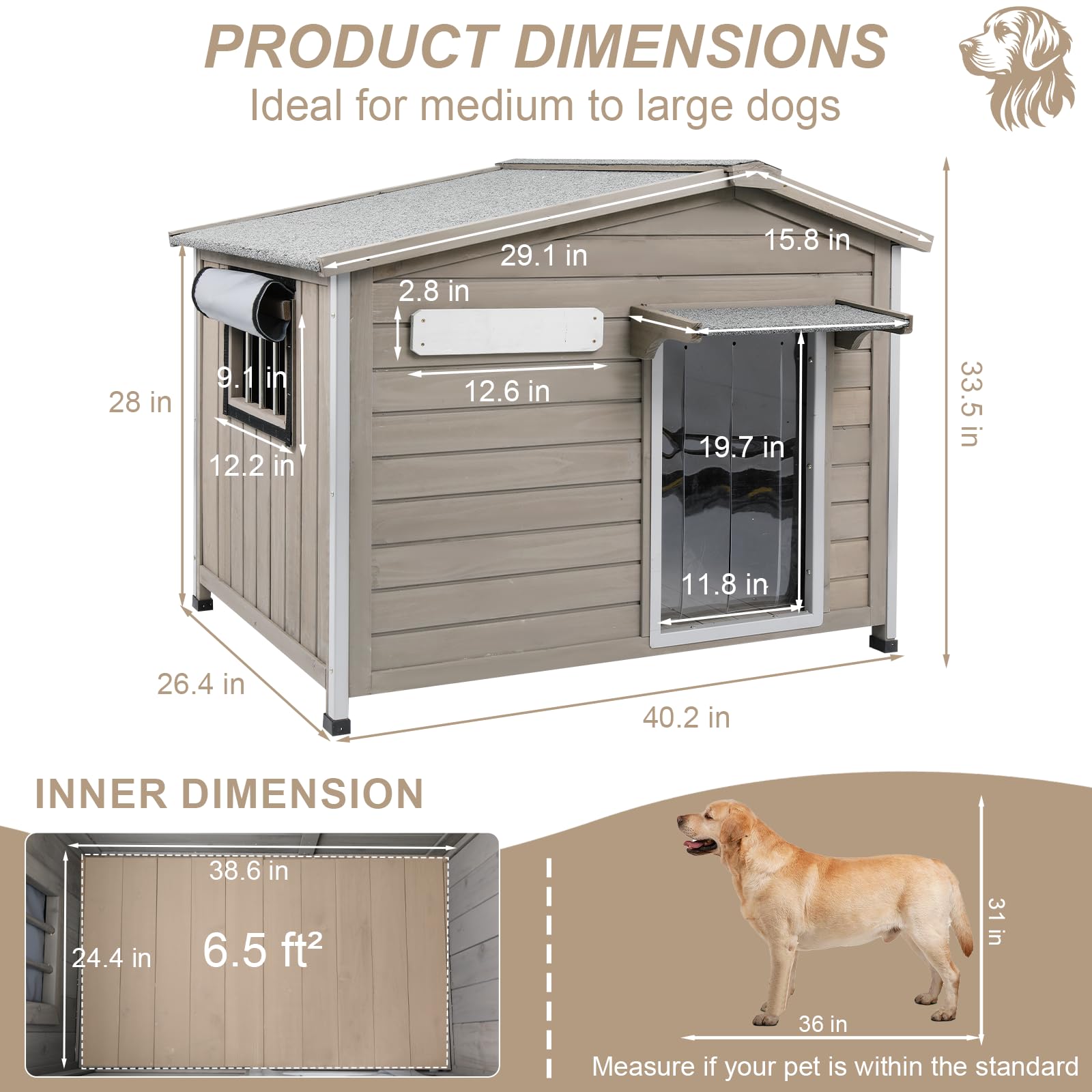Outdoor Dog House with Chew-Proof Iron Frame, Wooden Dog Kennel Weatherproof,Removable Floor, Adjustable Vent Window, Easy Assem