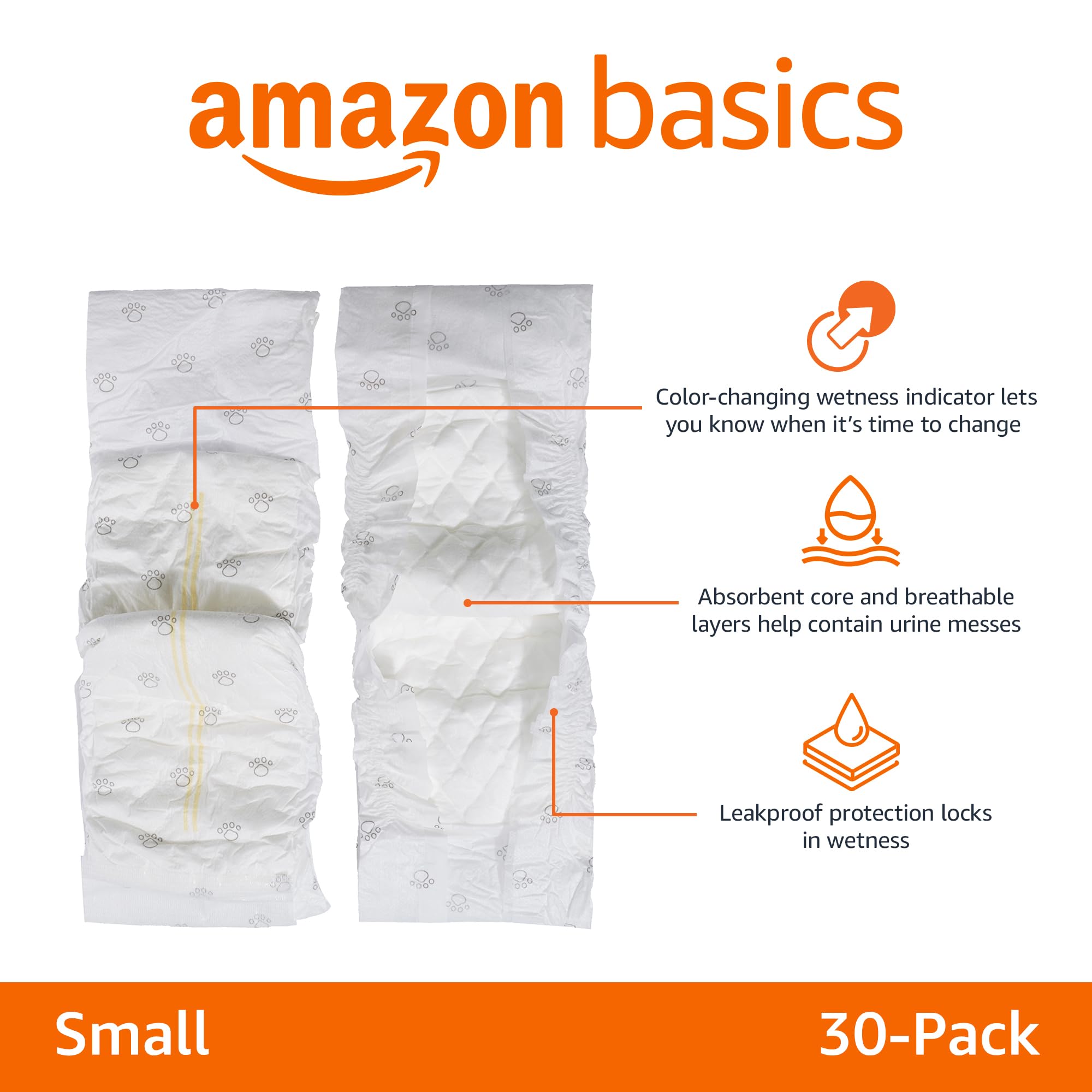 Amazon Basics Male Dog Diapers, 30 Count, Small, Ultra Absorbent Disposable Wrap With Secure Fit, Leakproof And Comfortable