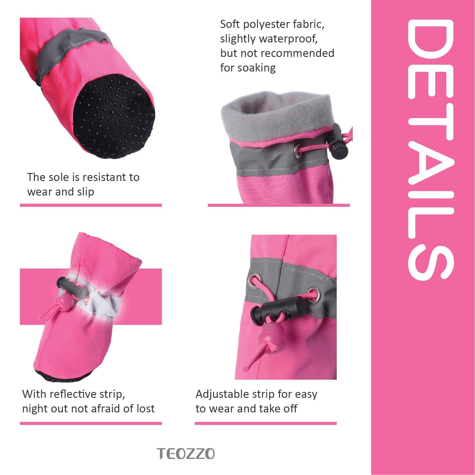 Teozzo Dog Boots & Paw Protector, Anti-Slip Sole Winter Snow Dog Booties With Reflective Straps Dog Shoes For Small Medium Dogs 4Pcs Pink 6