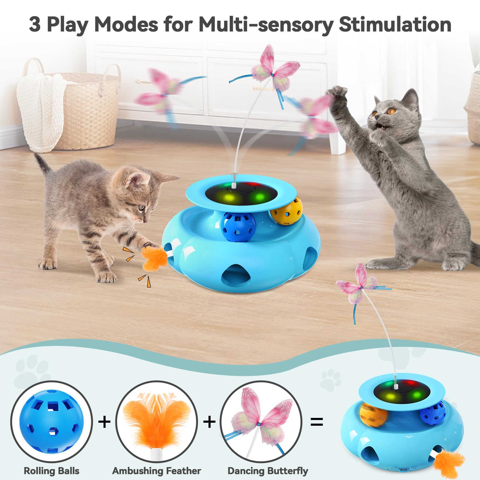 Xuyub 3In1 Interactive Cat Toys For Indoor Cats Rechargeable,Whack A Mole Cat Toy, Fluttering Butterfly, Track Balls, Automatic