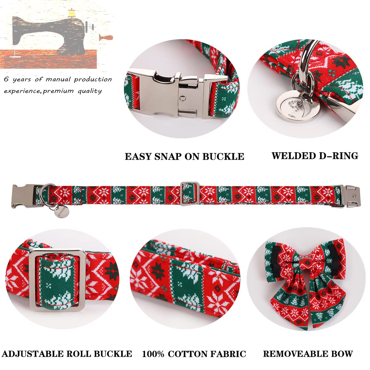 Dogwong Christmas Dog Collar With Sailor Bow Tie, Red Green Strip Snowflake Dog Collar Soft Durable Adjustable Cotton Puppy Coll