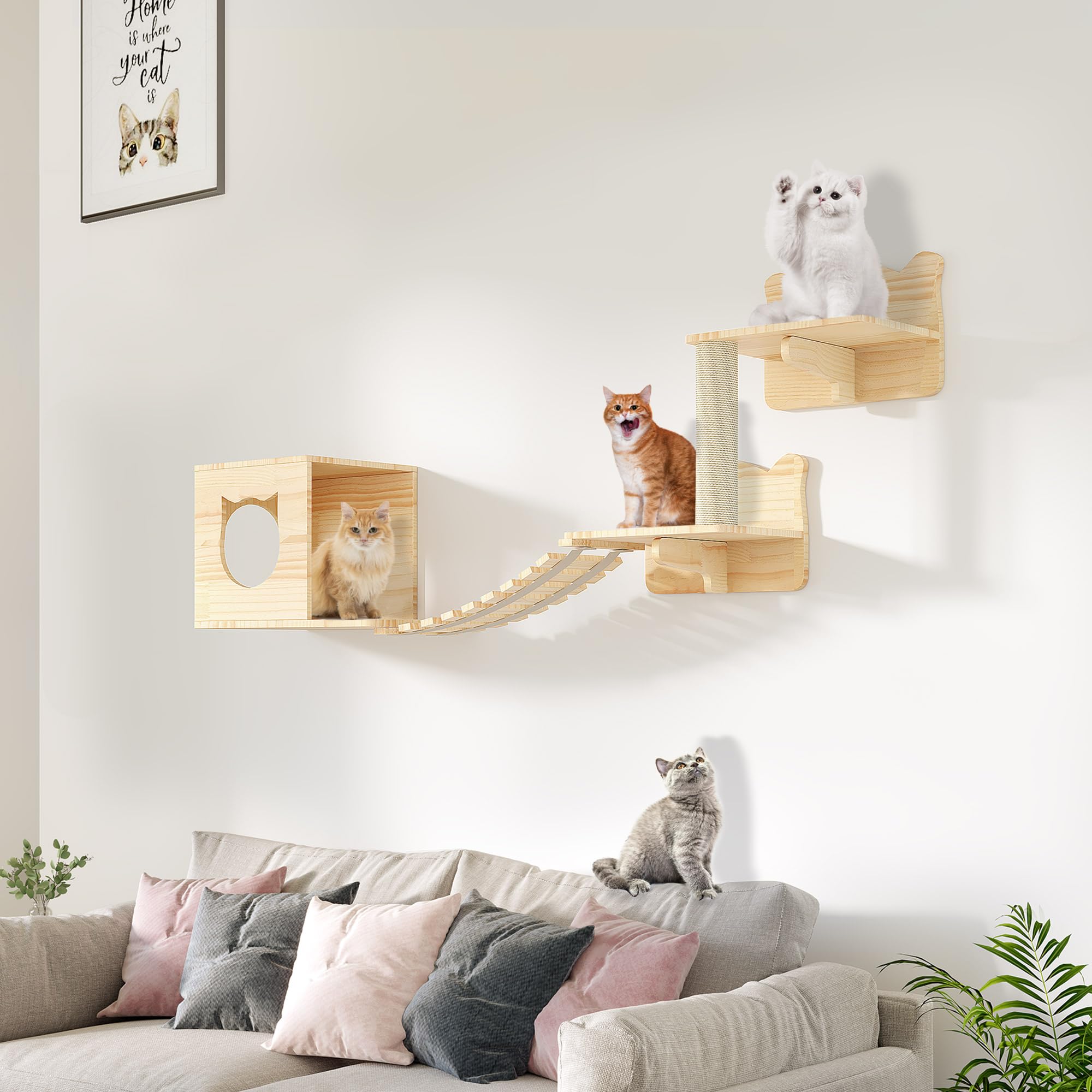 Homiflex Cat Wall Shelves, Wood Cat Wall Furniture(5 Piece Set), Solid Wooden Feline Shelf, with House, Steps, Bridge Ladder and