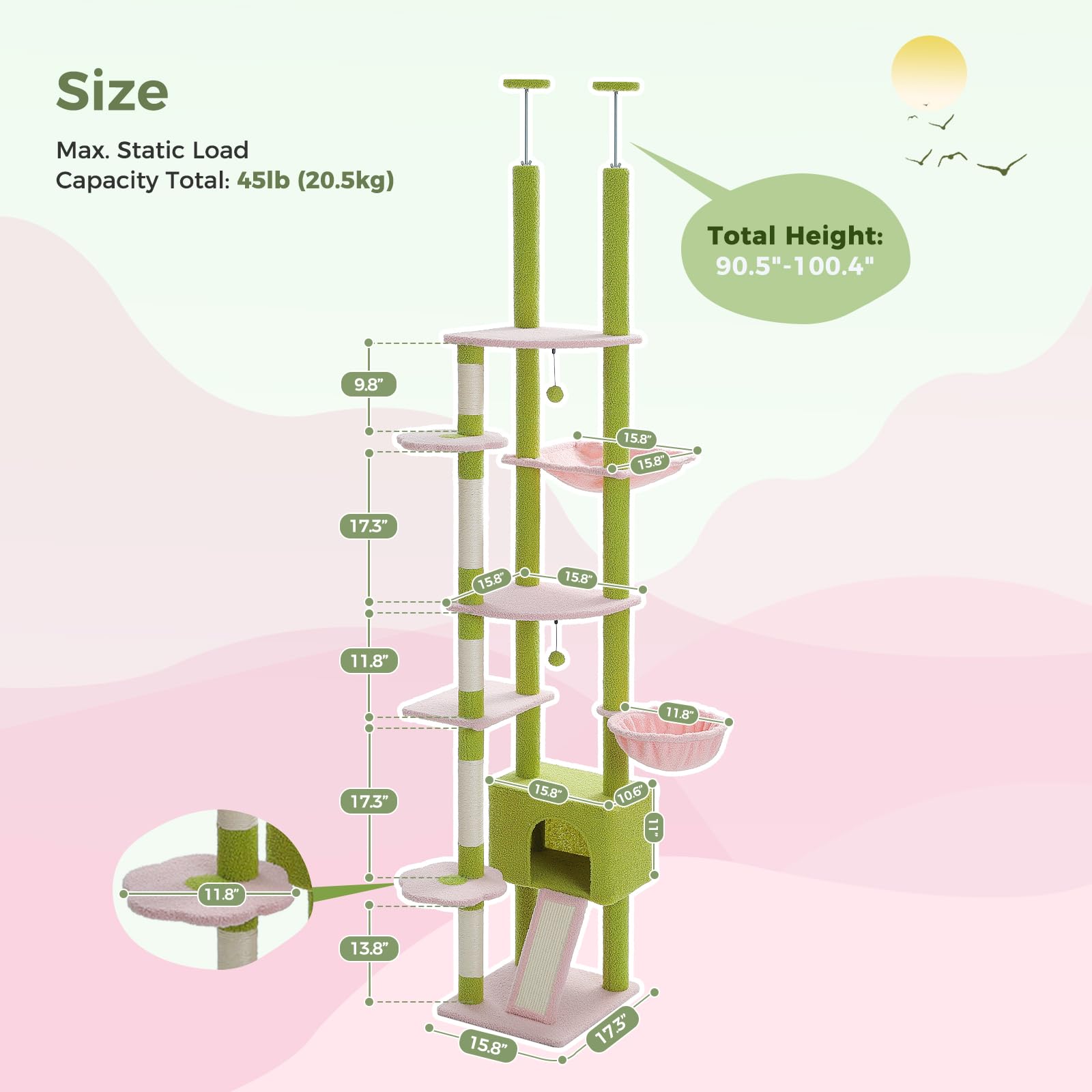 Pequlti Tall Cat Tree Floor To Ceiling Cat Tower Adjustable Height (90.5''-100.4'' = 230Cm-252Cm) With Cat Condo, Cozy Hammock A