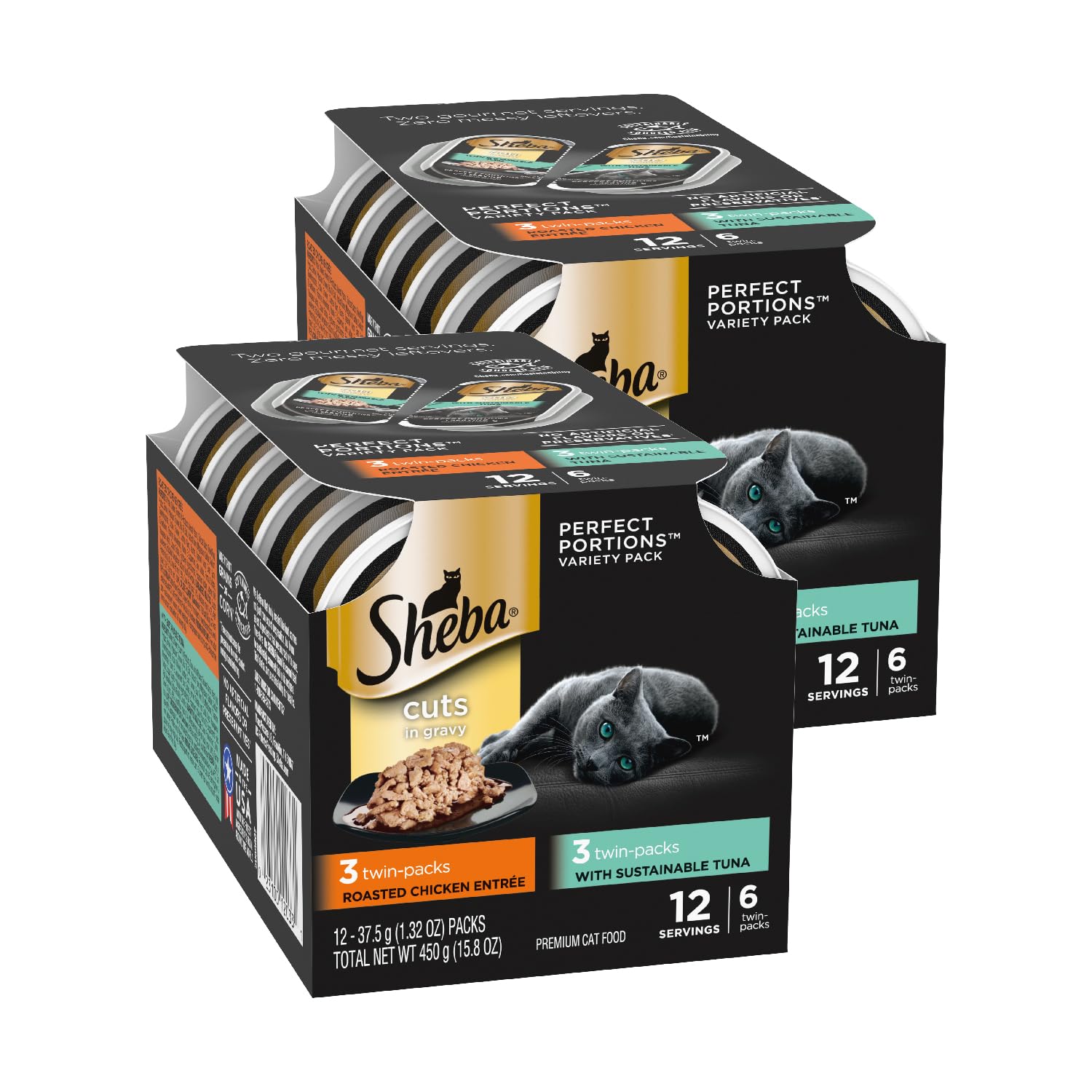 Sheba Perfect PORTIONS Cuts in Gravy Wet Cat Food Trays (12 Count, 24 Servings), Signature Tuna and Roasted Chicken Entr  e, Eas