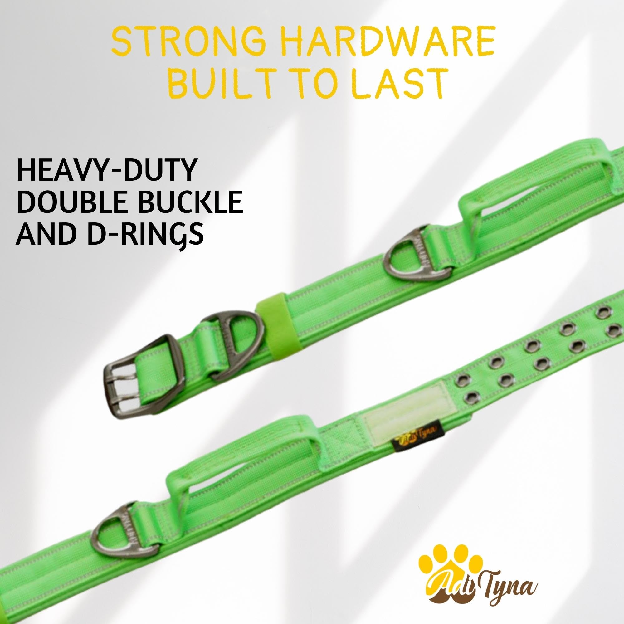 Adityna Heavy Duty Dog Collar For Extra-Large Dogs - Reflective Green Collar With Handle For Training, And Walking - Wide, Thick