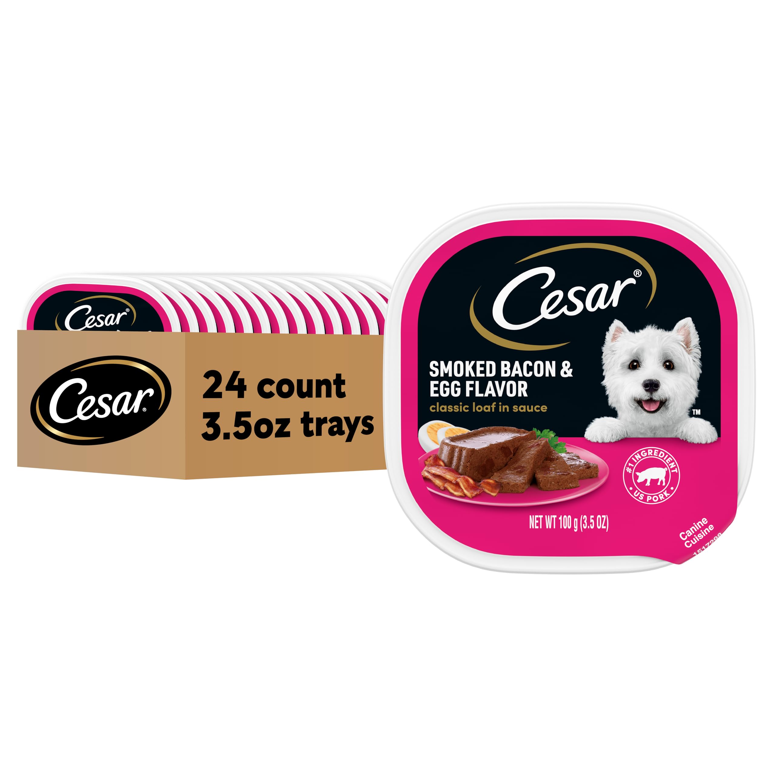 Cesar Wet Dog Food Classic Loaf in Sauce Smoked Bacon & Egg Flavor, 3.5 oz. Easy Peel Trays (24 Count, Pack of 1)