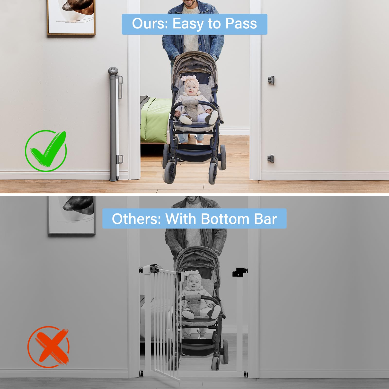 Retractable Baby Gates For Stairs, Probebi Retractable Dog Gate Indoor Extends To 54' Wide 34' Tall, Child Gates For Doorways, Stair Gate Use For Outdoor, Hallways, Doorways, Deck, Porch