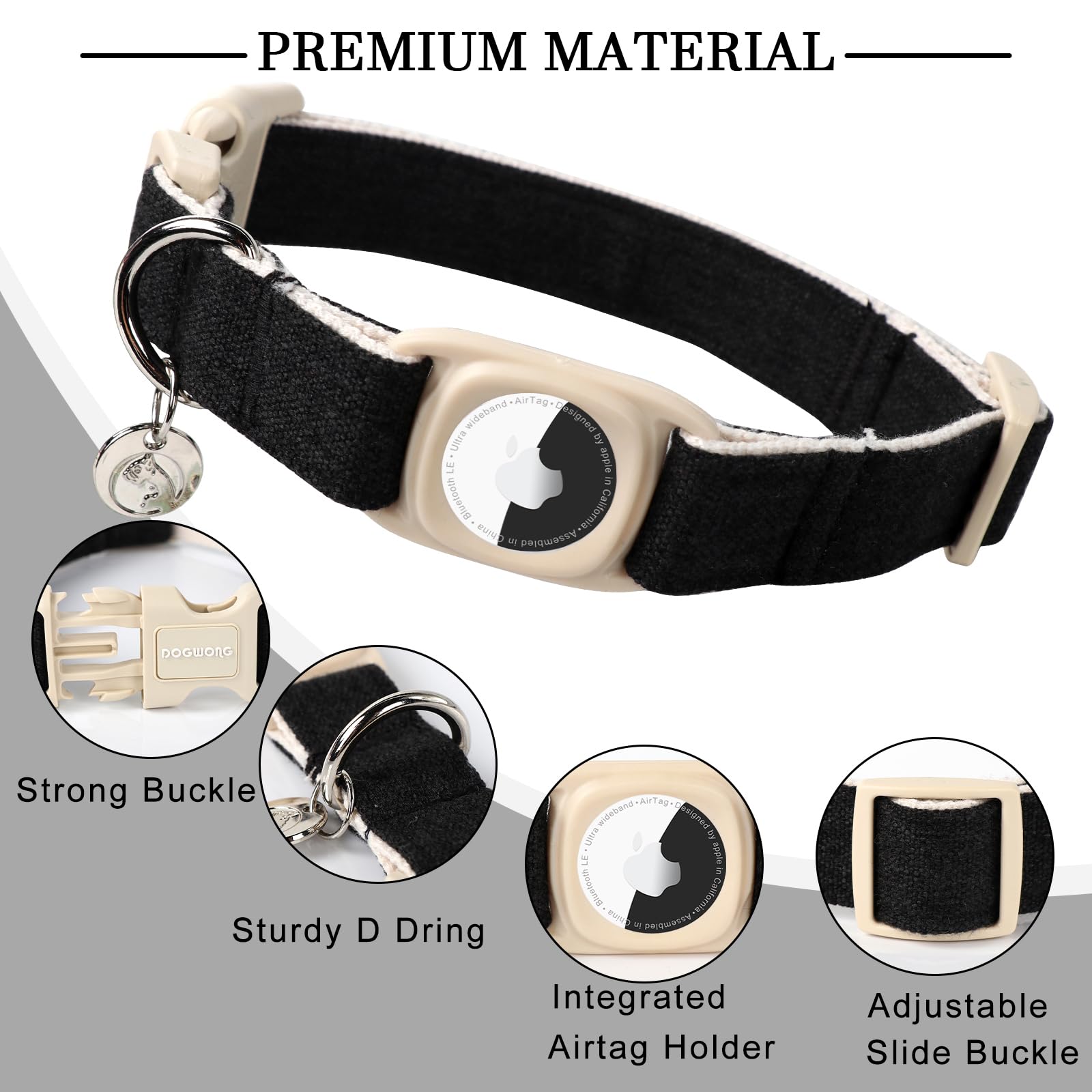 Dogwong Airtag Cotton Hemp Dog Collar, Heavy-Duty Dog Collar With Airtag Holder Black Natural Fabric Pet Cute Puppy Necklace For