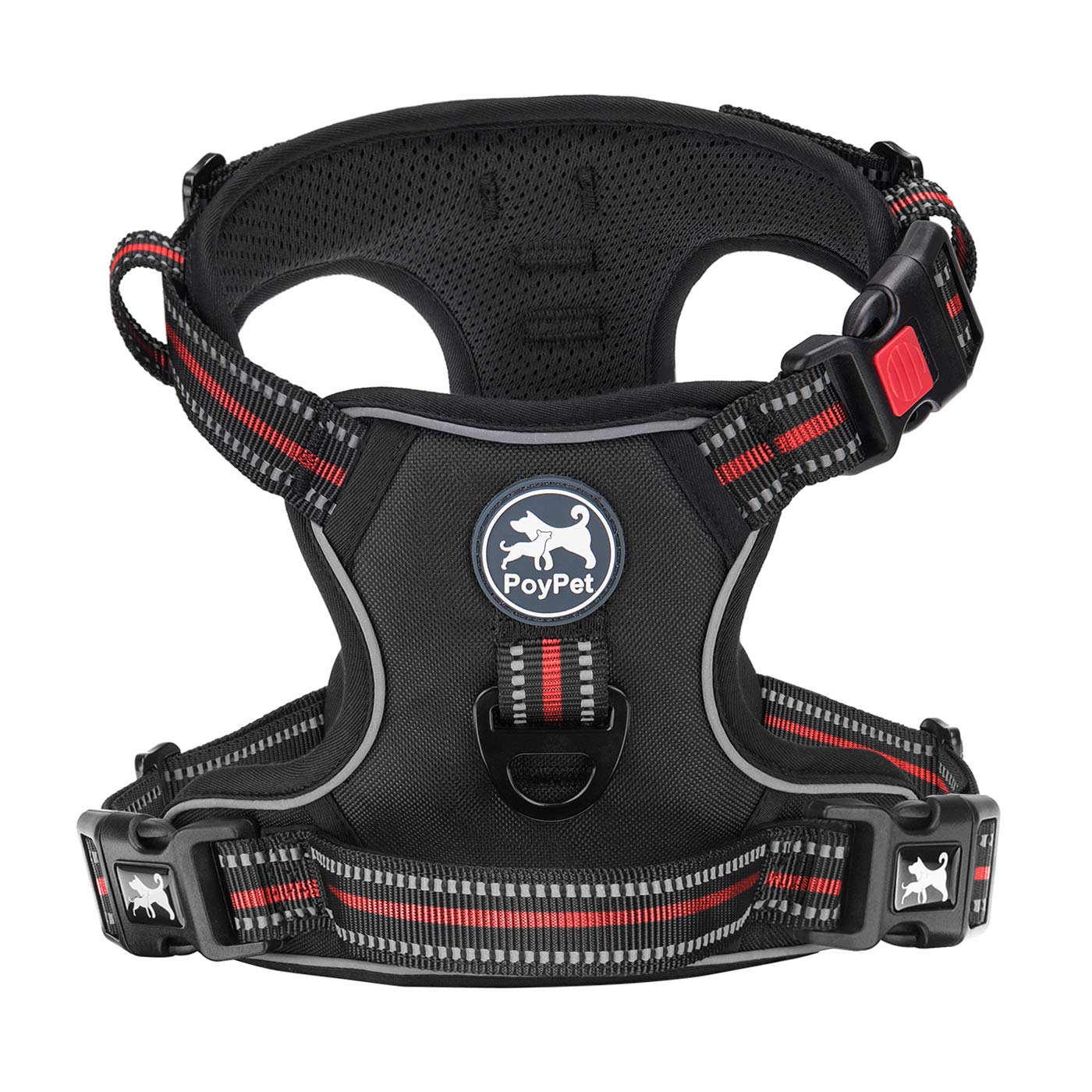 PoyPet No Pull Dog Harness, [Release on Neck] Reflective Adjustable No Choke Pet Vest with Front & Back 2 Leash Attachments(Blac