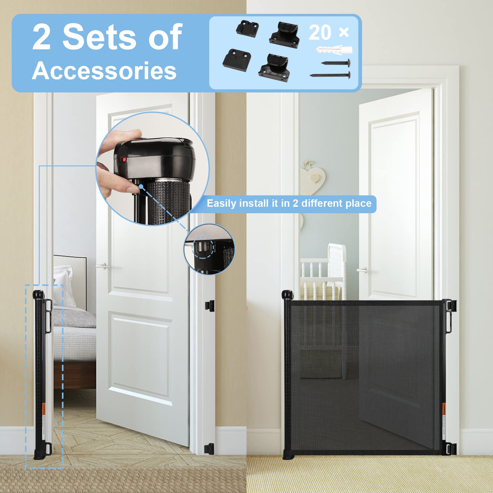 PRObebi Retractable Baby & Pet Gate - 34'' Tall, Extends to 72'' Wide, Mesh Gate for Doorways, Stairs, Hallways, Indoor/Outdoor
