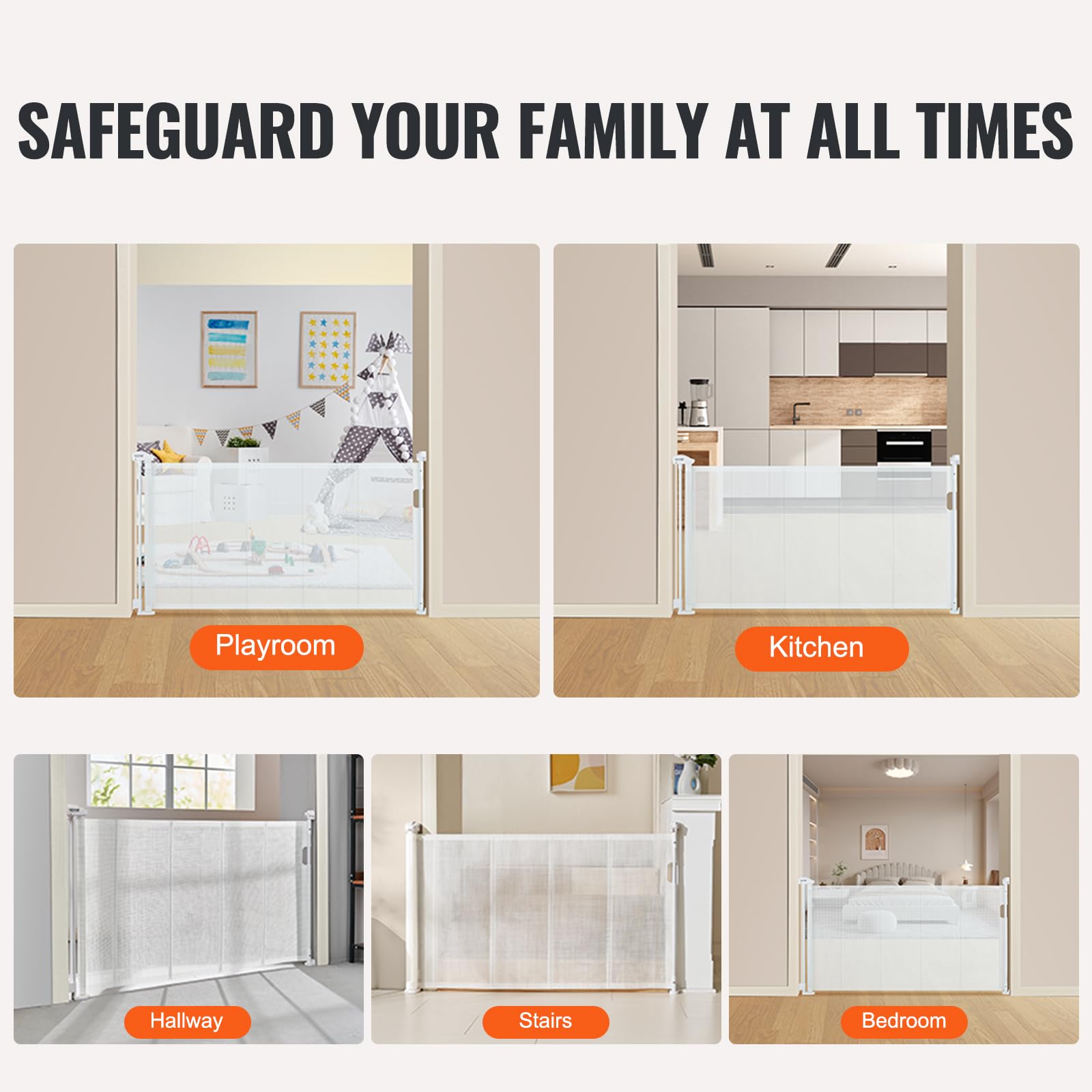 VEVOR Retractable Baby Gates for Stairs, Extends up to 60&quot; Wide, Mesh Dog Gate for The House, 34&quot; Tall Child Safety Gates for Doorways, Hallways, Wide Pet Gate, Cat Gate Indoor & Outdoor, White