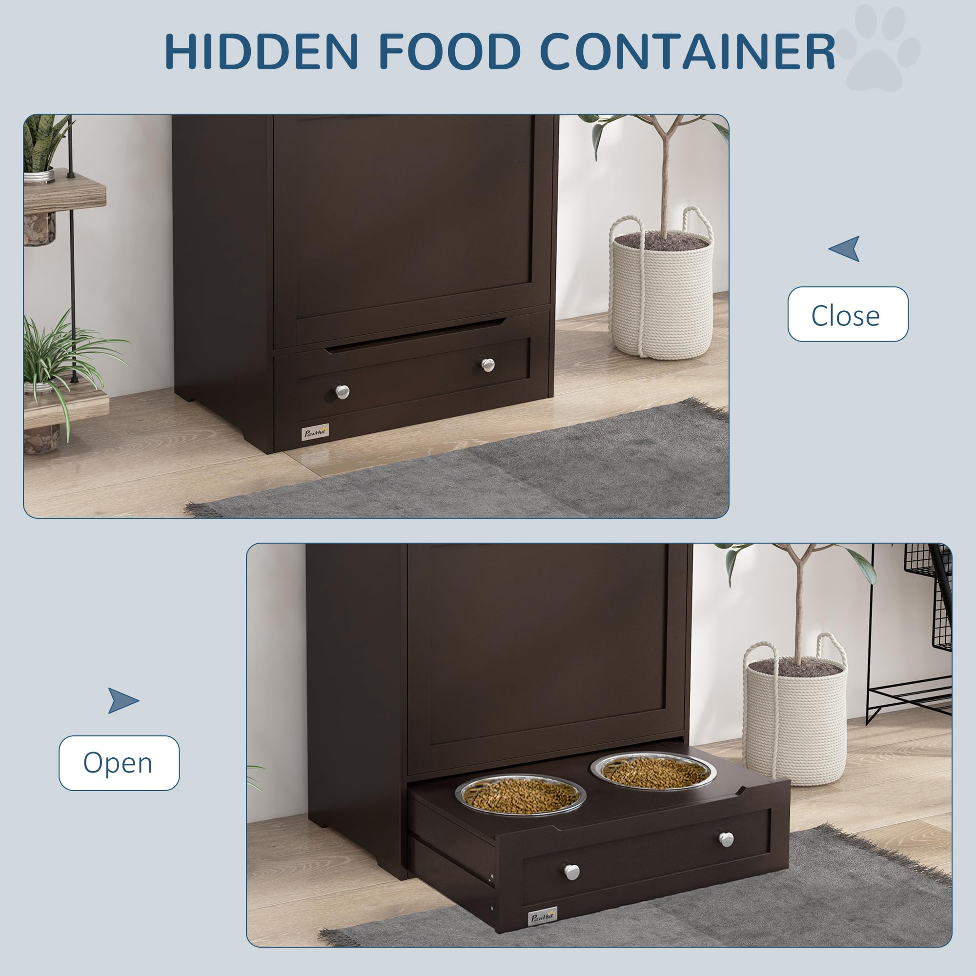 PawHut Pet Feeder Station Storage Cabinet, Dog Food Storage Container with Dog Raised Bowls and Hanger for Feeding & Watering Su