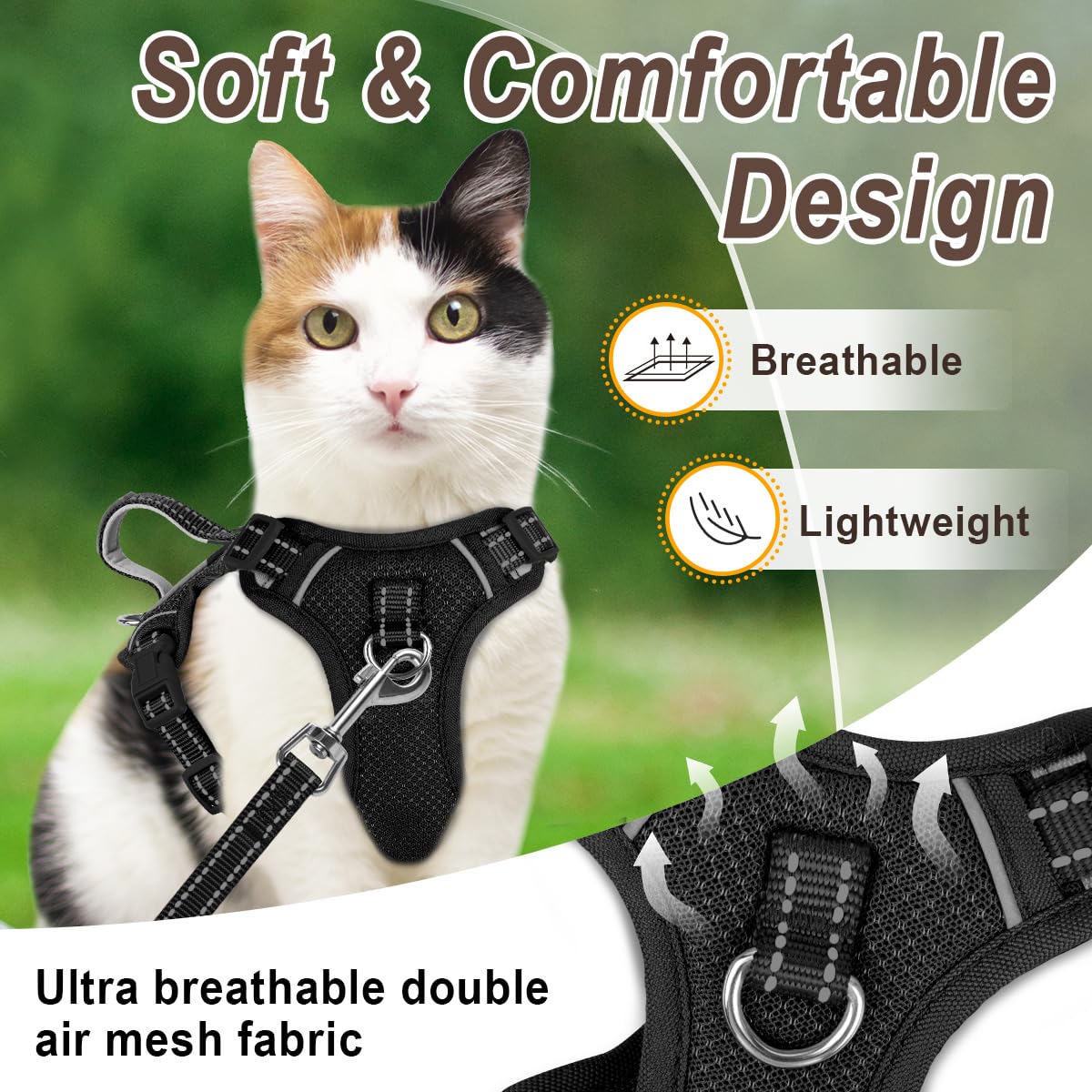 Cat Harness And Leash Set For Walking Escape Proof For Small Large Cat Kitten Harness With Id Tag Pocket (Black,Xs)
