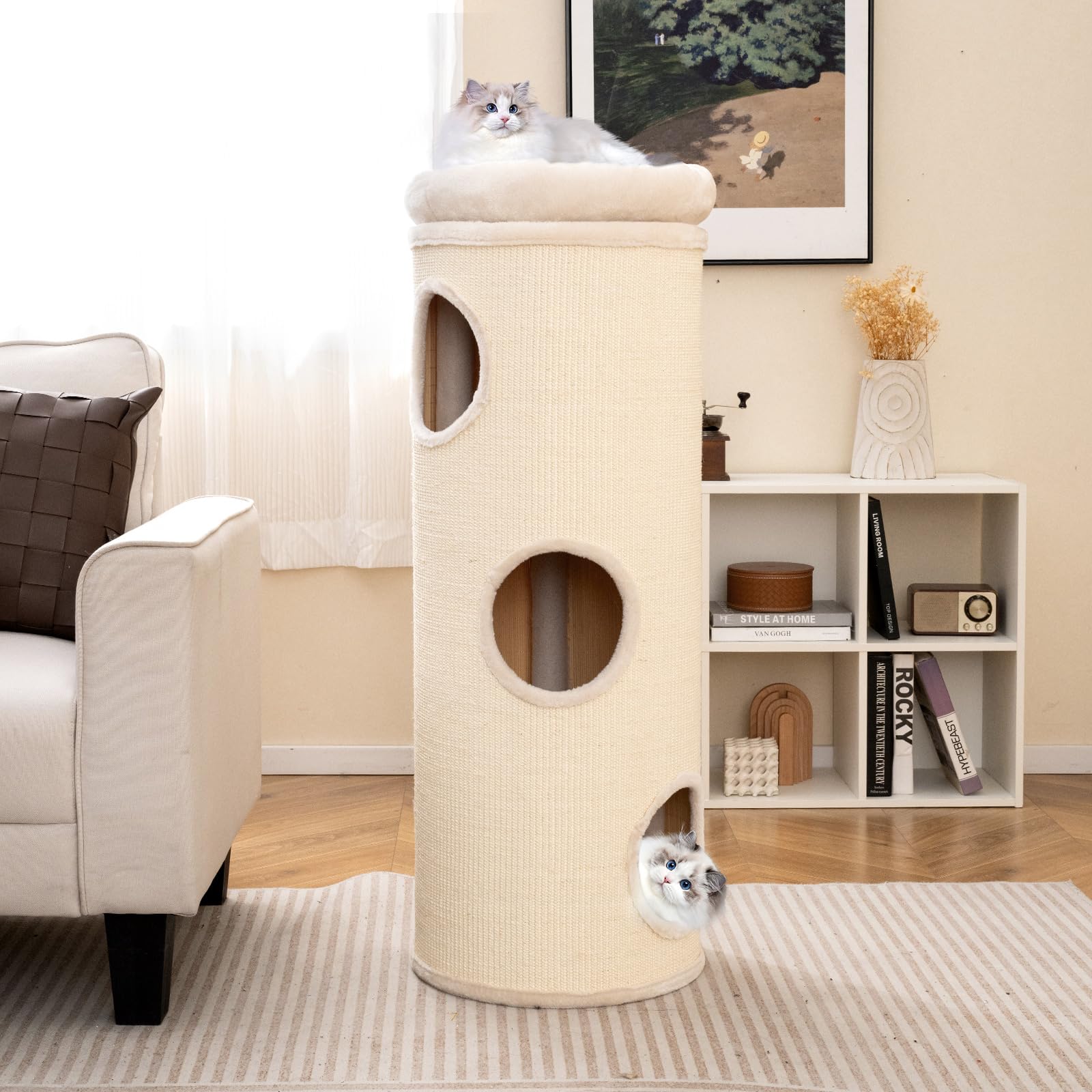 Tangkula 4-Story Cat Tree Condo, 49” Beige Cat House with Sisal Scratching Board, 3 Hideaways & Removable Plush Bed, Model 10299-PV