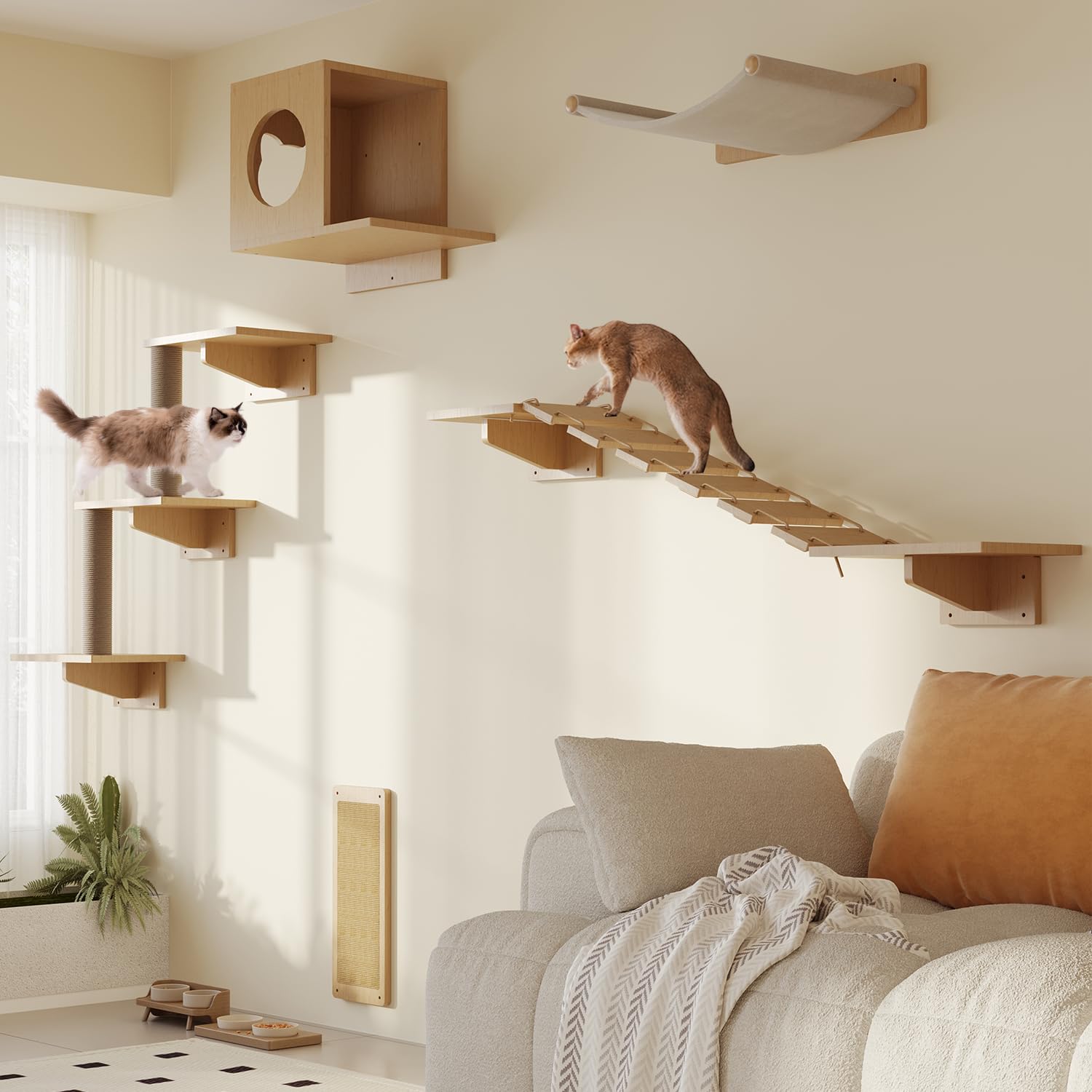 Meowhomm Cat Wall Shelves, Set Of 5 Wooden Cat Wall Furniture With Cat Condo, Cat Scratching Post With 3 Steps, Bridge, Cat Hamm