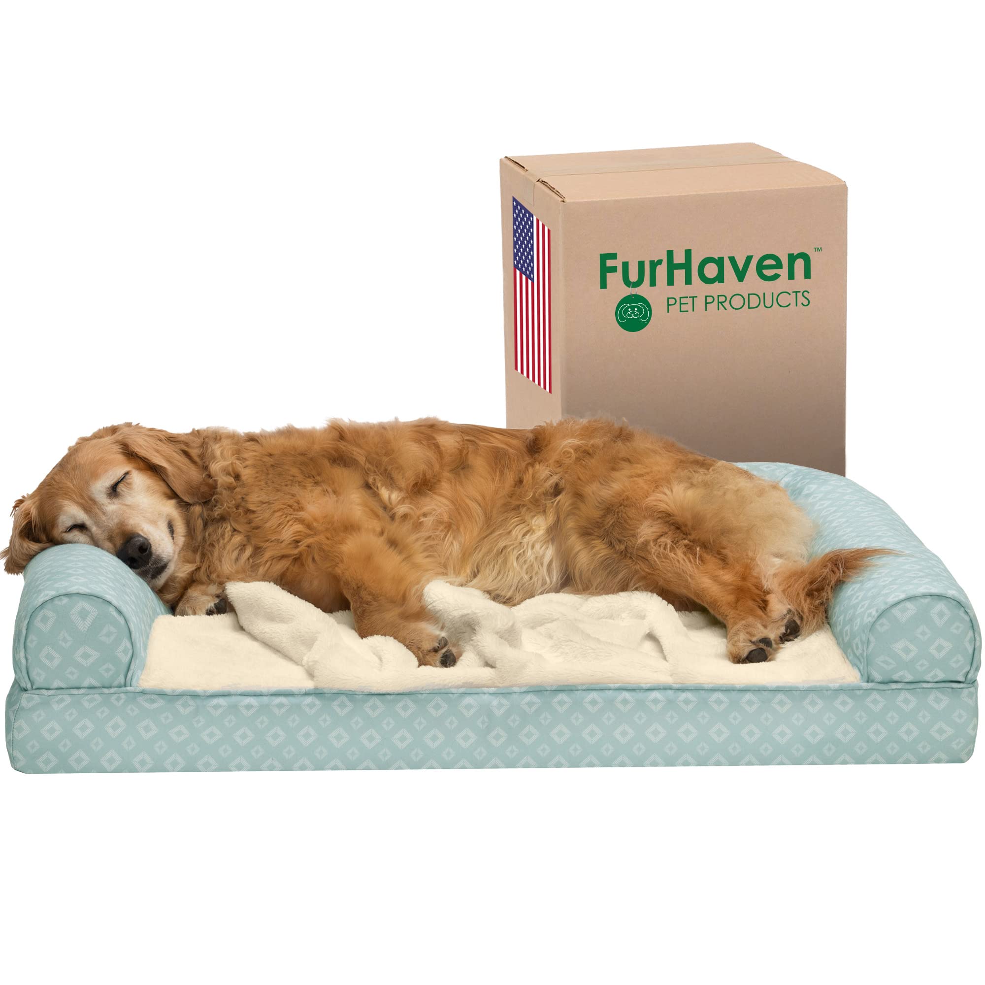 Furhaven Cooling Gel Dog Bed for Large Dogs w/ Removable Bolsters & Washable Cover, For Dogs Up to 95 lbs - Plush & Diamond Prin