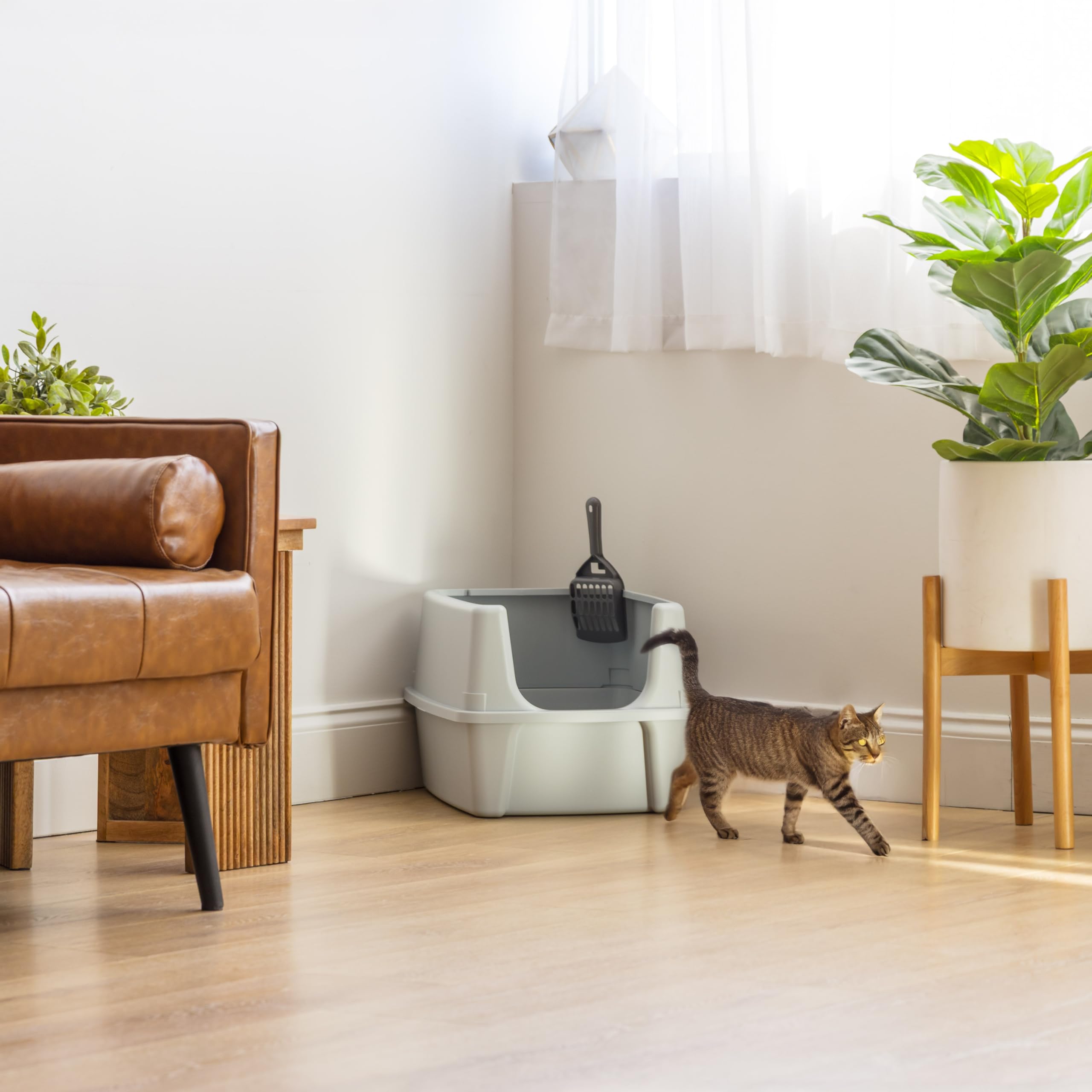 Iris Usa Large Cat Litter Box With Scatter Shield And Scoop, Open Top High Sided Cat Litter Pan, Silver