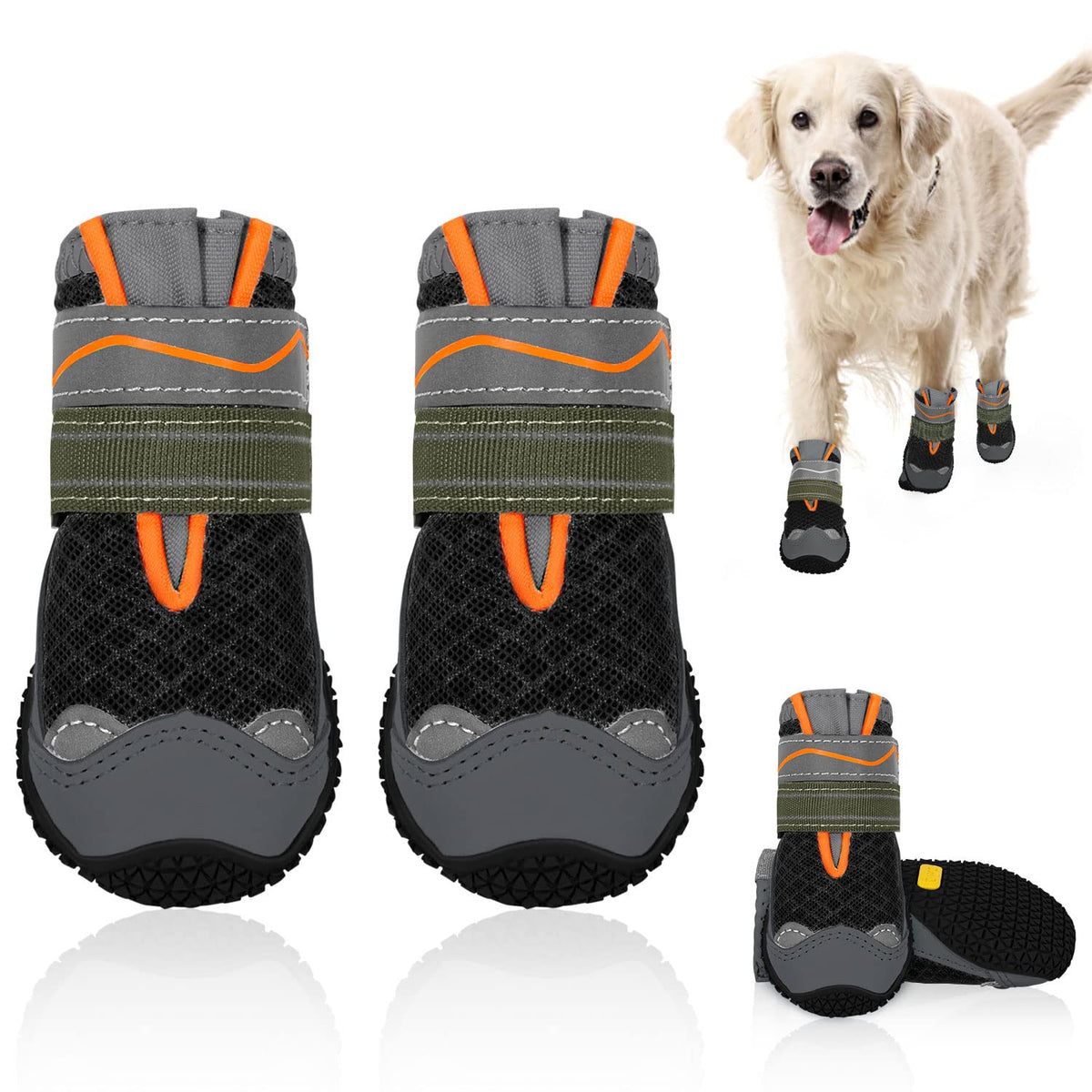 Slowton Breathable Dog Boots- Comfortable Non-Slip Rubber Sole Dog Shoes For Hot Pavement, Adjustable Dog Paw Protector With Ref