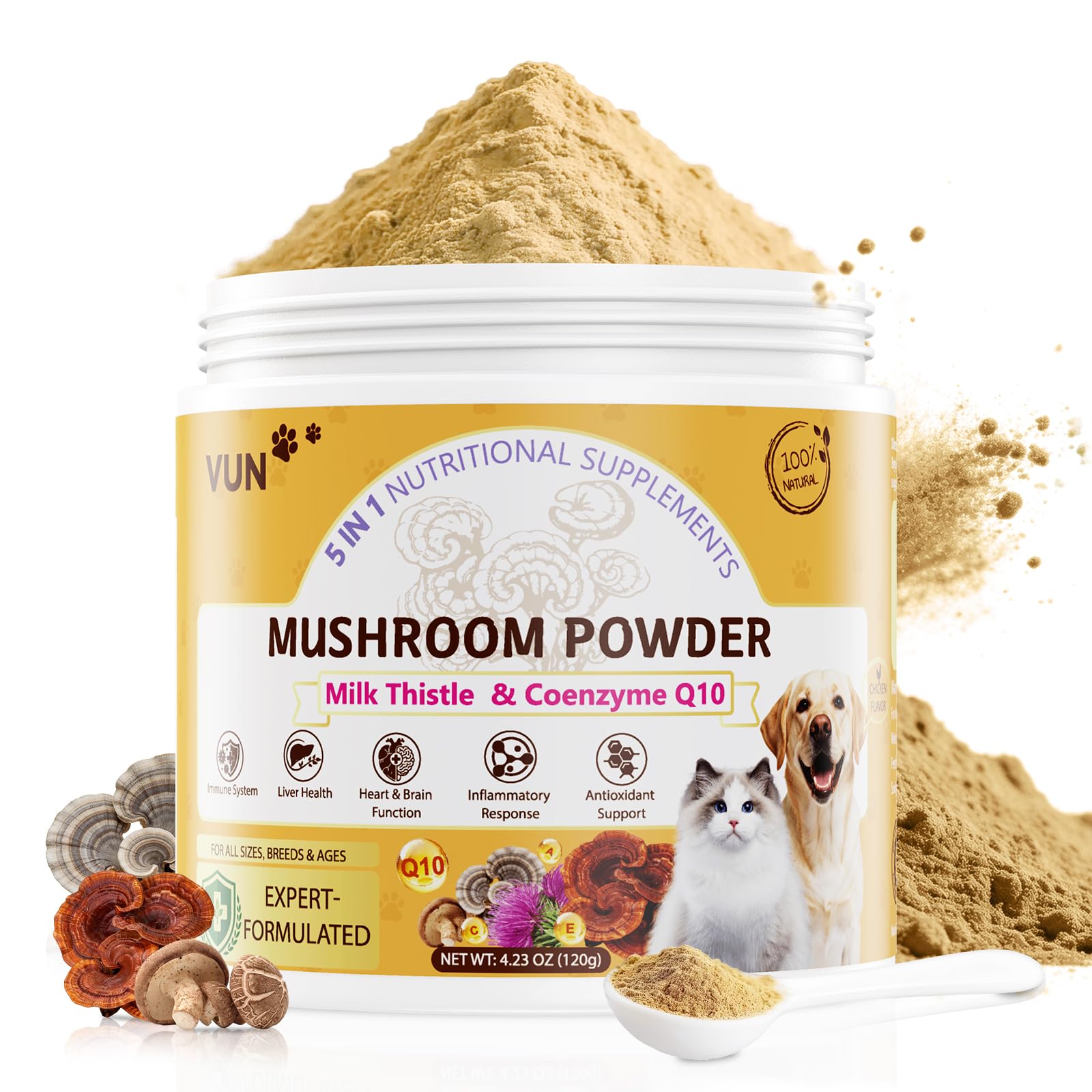 VUN Turkey Tail Mushroom for Dogs, Mushroom Powder for Dogs & Cats Lipoma for Immune,Heart,Liver,Antioxidant Daily Wellness Supp