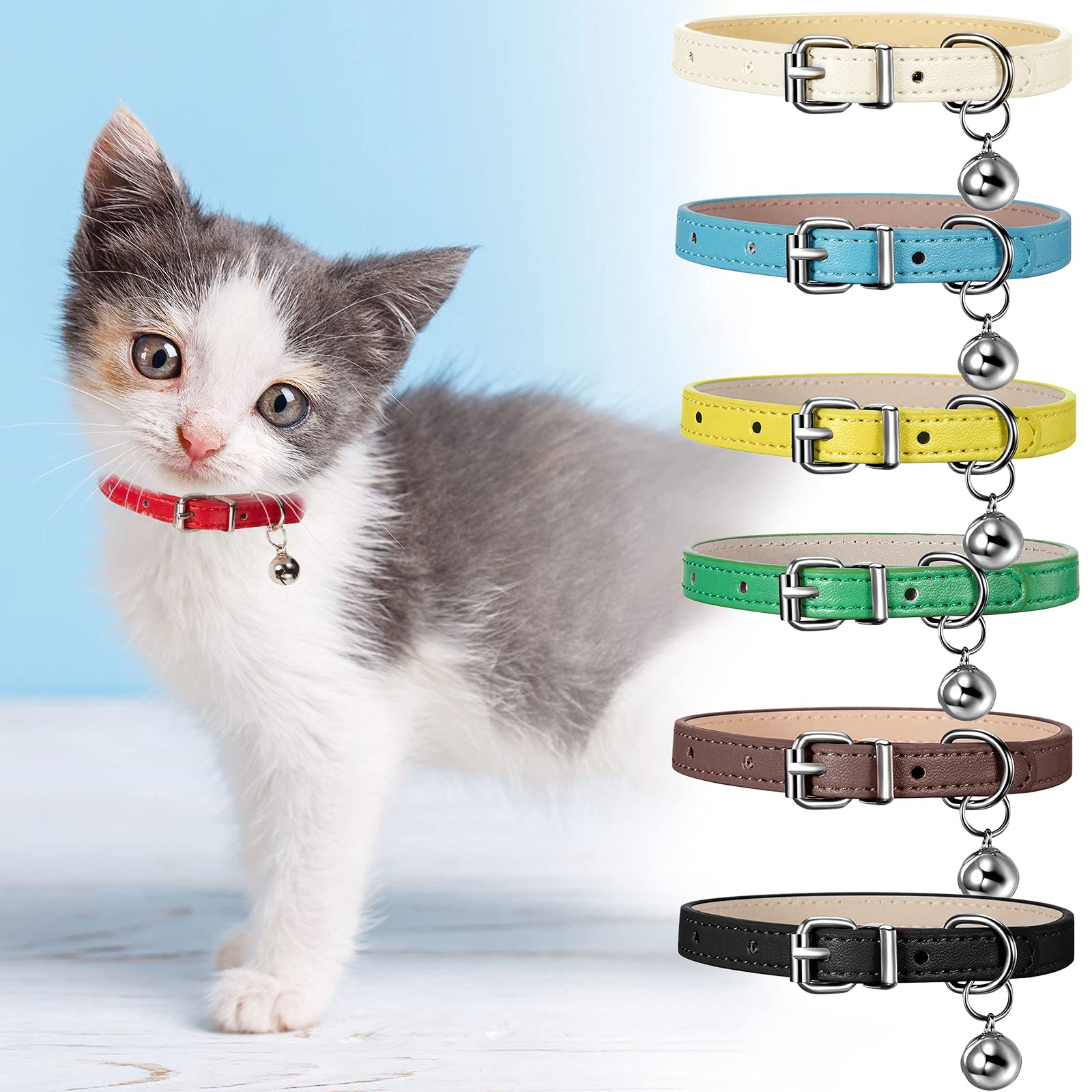 Weewooday 6 Pieces Leather Cat Collar With Bell Leather Kitten Collar Cat Collar For Boy Cats, Girl Cats With Safety Elastic Strap Cute Pet Collars For Small Cat Kitten Puppy(Fresh Color)