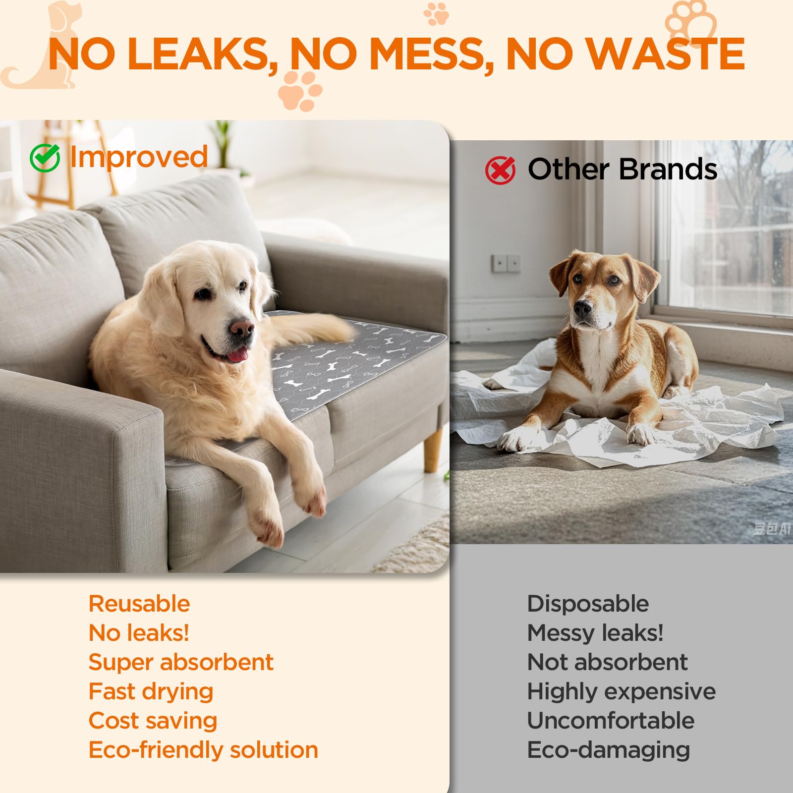 Baodan Washable Pee Pads For Dogs, 2Pcs Reusable Puppy Pads , Absorbent Dog Training Pads,100% Waterproof Non-Slip Whelping Pads