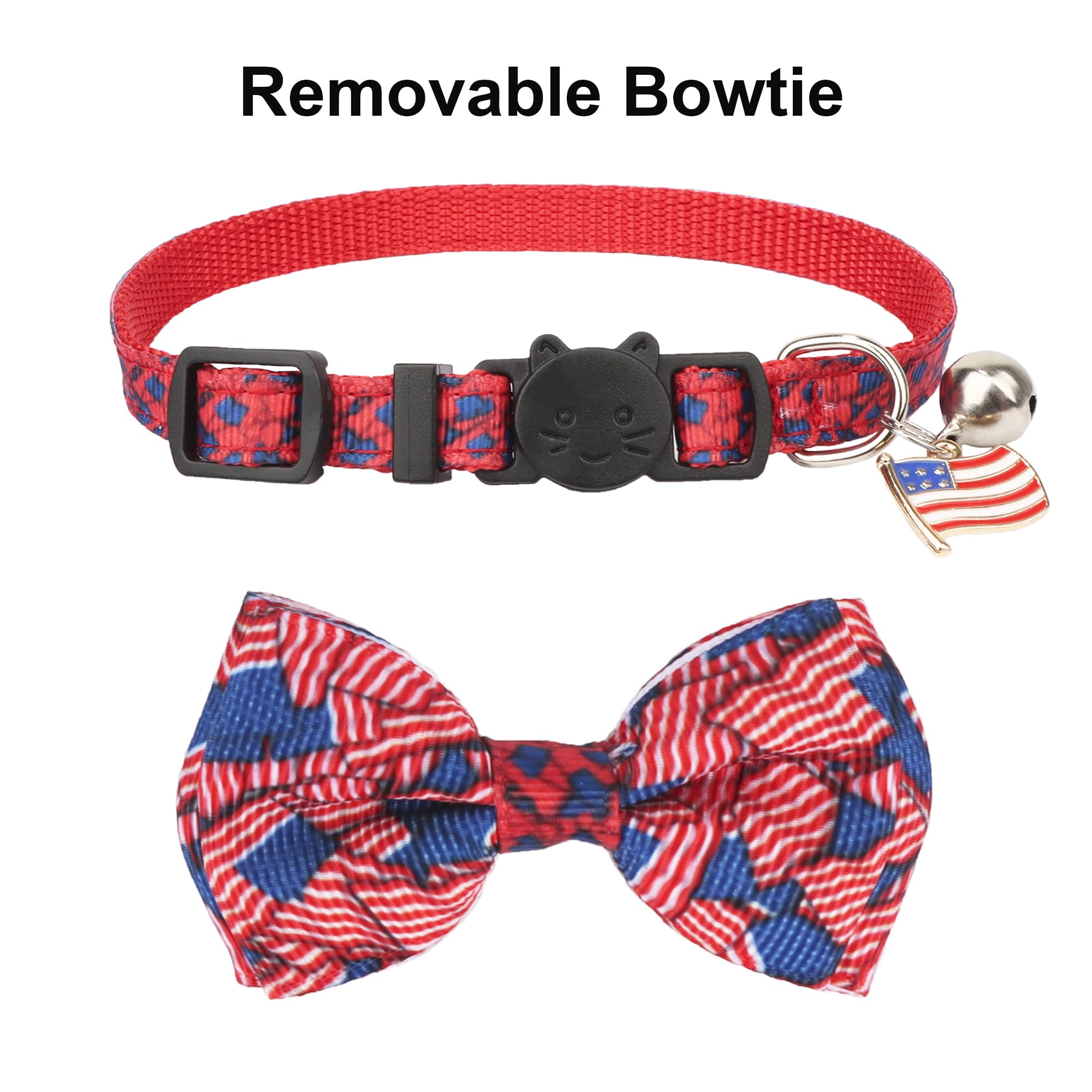 Adoggygo American Flag Cat Collars With Bow Bell, Breakaway Pet Bowtie Collar Red Blue Star Flag 4Th Of July Collars For Girl Bo