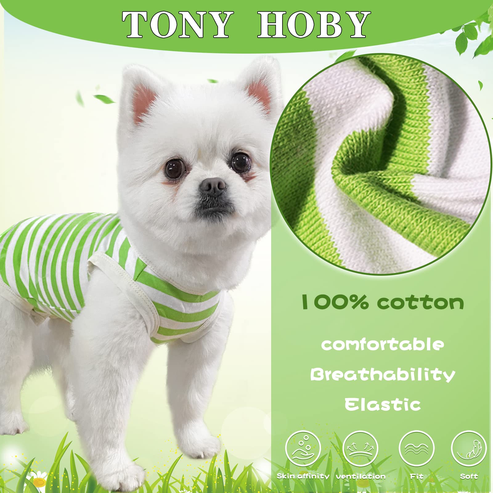 Tony Hoby Dog Summer Sleeveless Pajamas, Dog Jumpsuit With Stripes (White&Green, L)