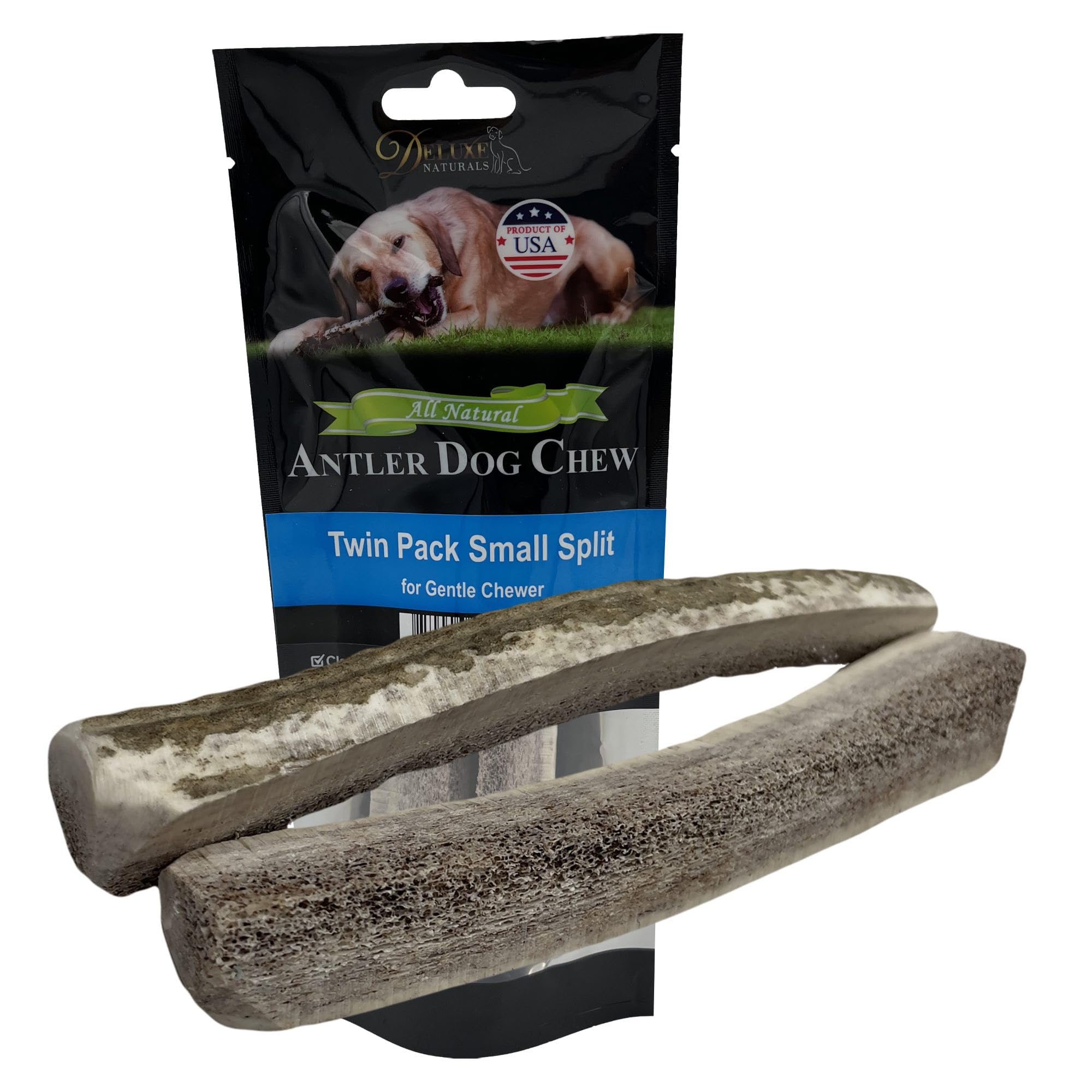 Deluxe Naturals 2-Pack Small Split Elk Antler Dog Chews (5 to 6.5+ in) - All Natural, Premium Grade A, Odor-Free, USA-Sourced - 