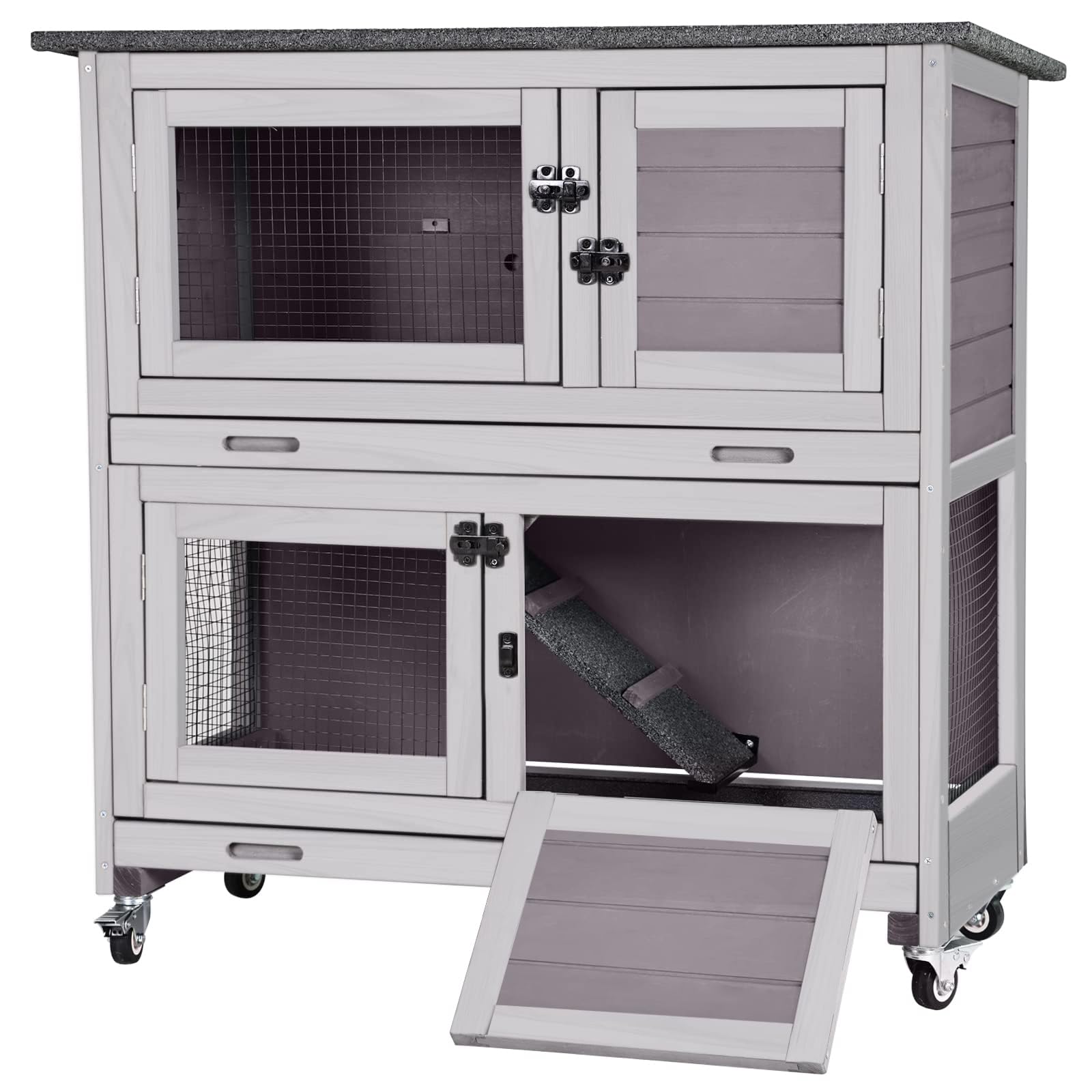 Rabbit Hutch Bunny Cage, Guinea Pig Cage Bunny Hutch Indoor, Wood Pet Cage With 4 Casters -2 Story & 2 Trays