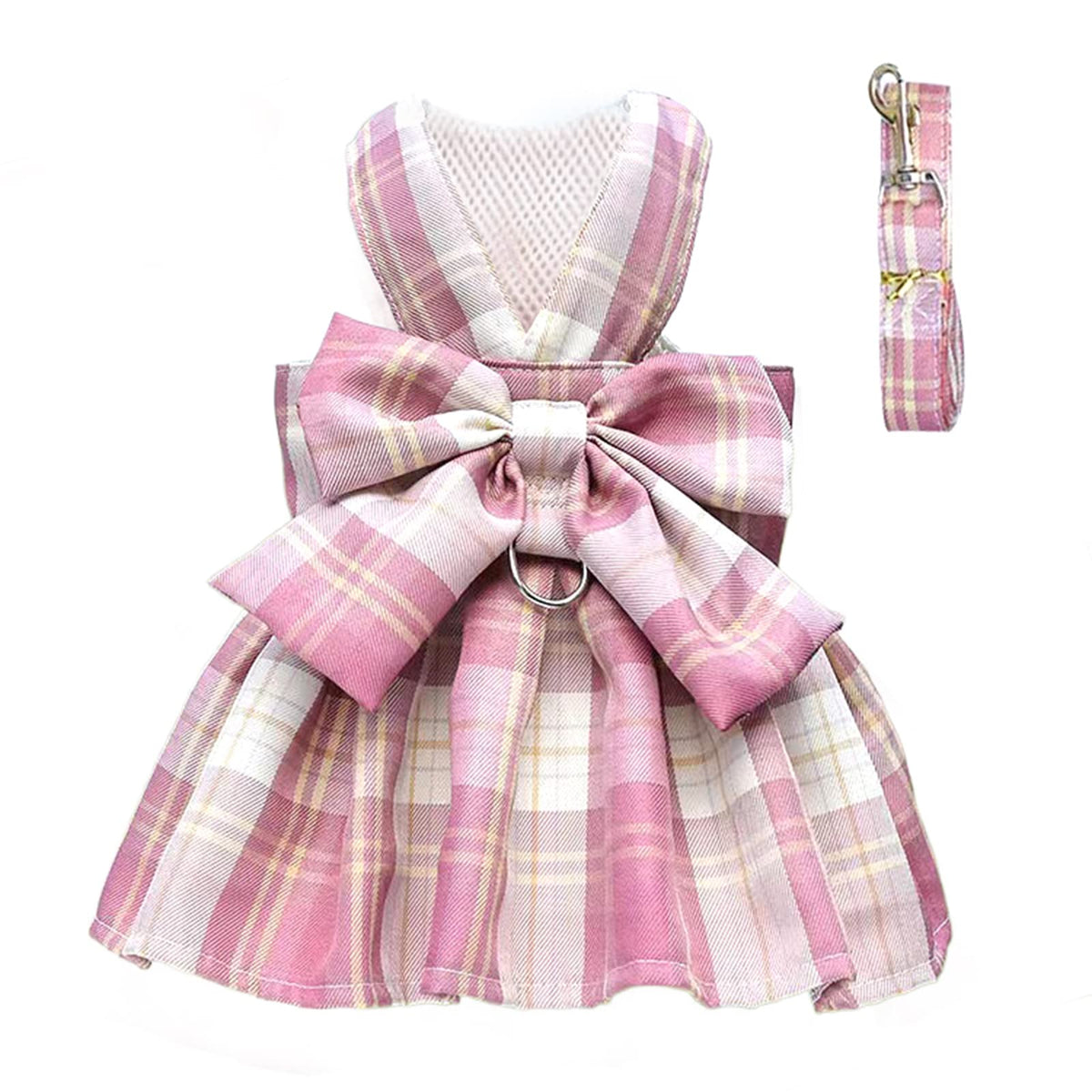 Petcare Plaid Dog Dress Bow Tie Harness Leash Set For Small Dogs Cats Girl Cute Princess Dog Dresses Spring Summer Puppy Bunny Rabbit Clothes Chihuahua Yorkies Pet Outfits,Chest 19'