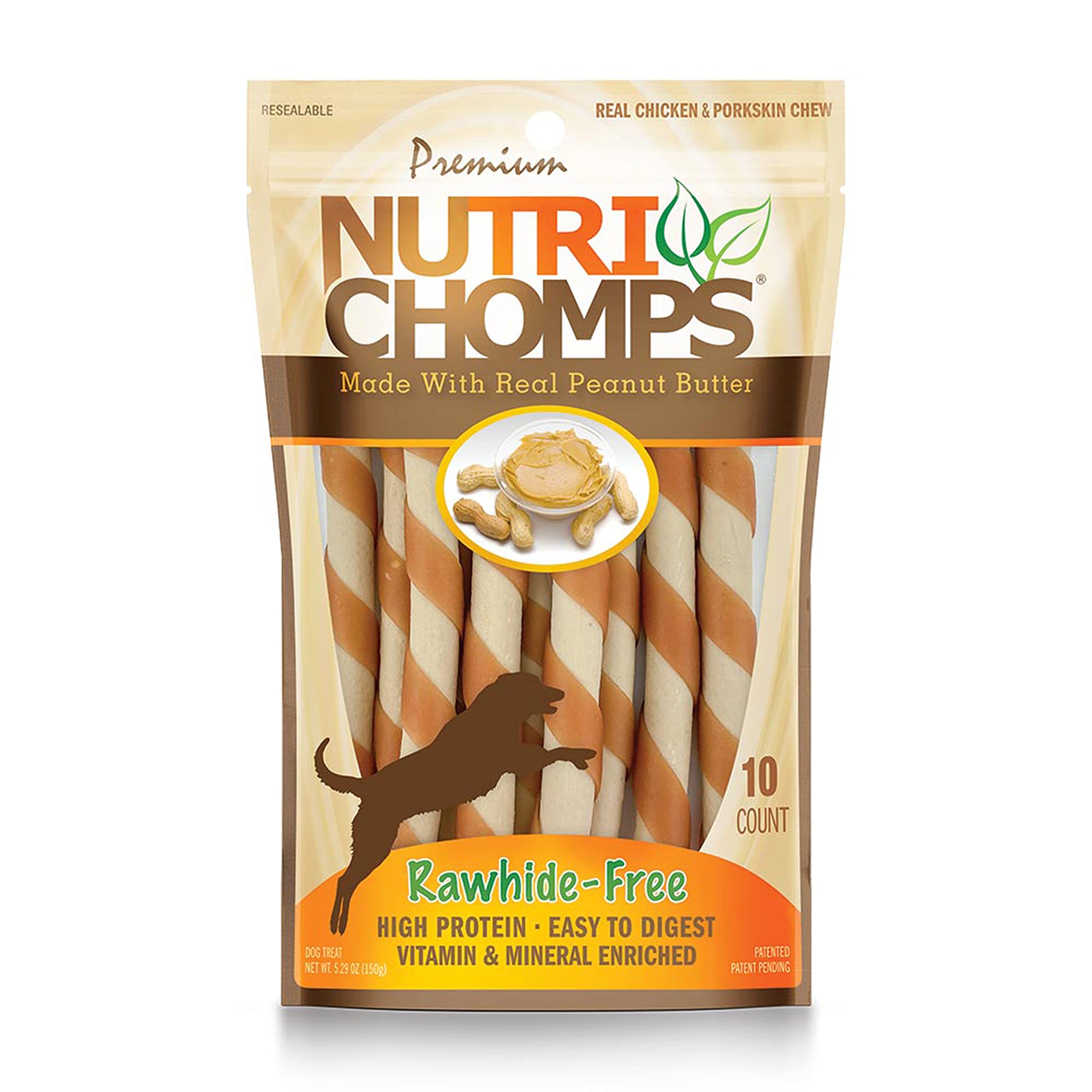 NutriChomps Dog Chews 5-inch Twists, Easy to Digest, Rawhide-Free Dog Treats, 10 Count, Real Peanut Butter flavor (Packaging May