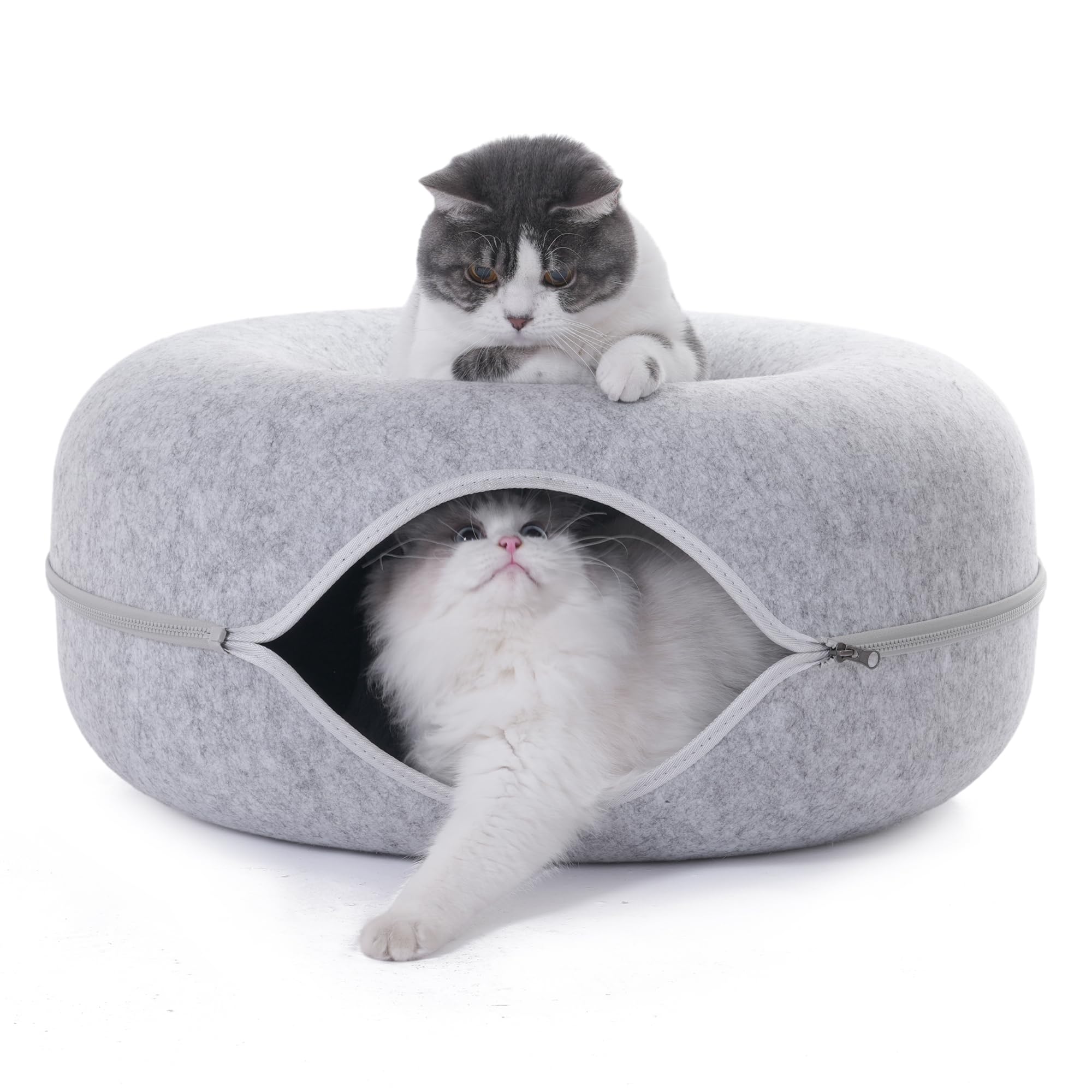 Large Cat Tunnel Bed For Indoor Cats With 3 Toys, Scratch Resistant Donut Cat Bed, Up To 30 Lbs (L 24X24X11, Light Grey)
