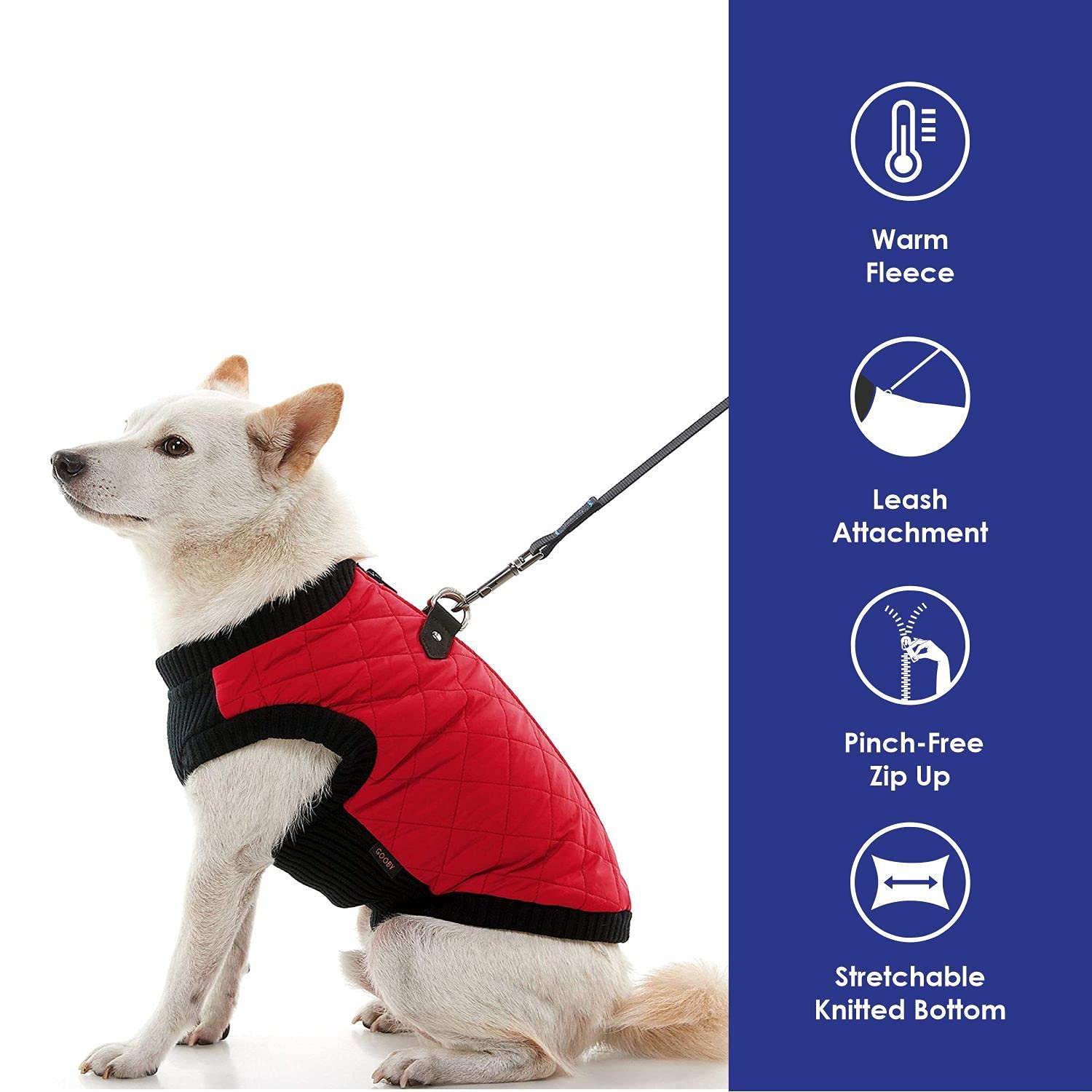 Gooby Fashion Vest Dog Jacket - Red, Large - Warm Zip Up Dog Bomber Vest with Dual D Ring Leash - Winter Water Resistant Small D