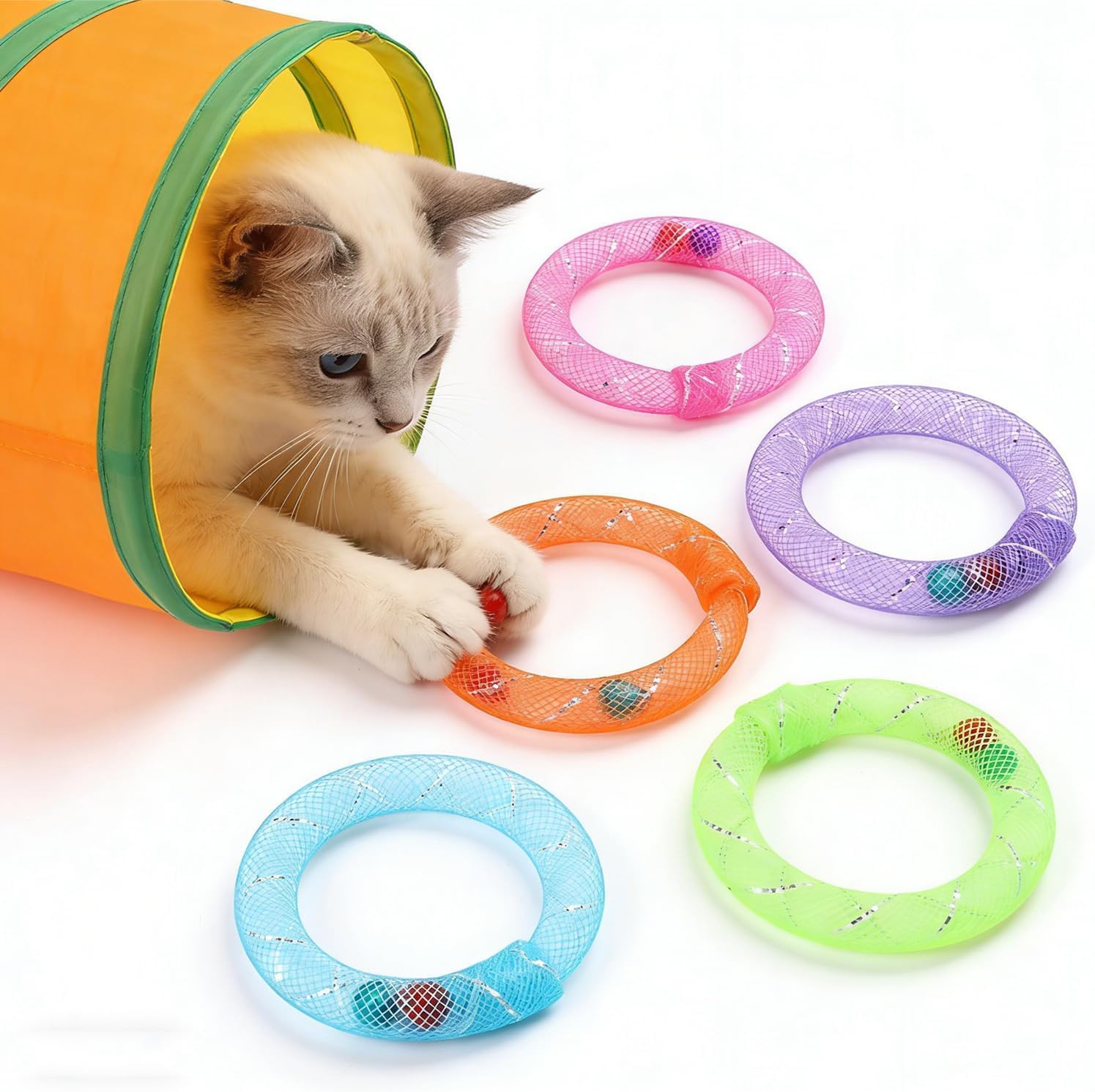 5Pcs Cat Wheel And Pet Toys, Interactive Pet Play Circle With Bell, 5 Piece Colorful Cat Exercise Set For Indoor Pets, Pet House