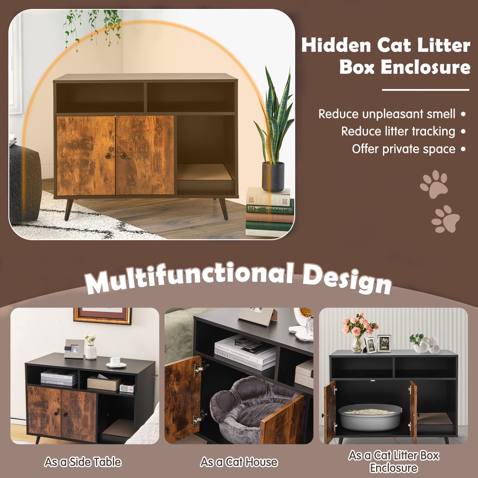 Giantex Cat Litter Box Enclosure - Wooden Washroom With Storage, Scratcher, Winding Entry, Metal Legs, Large Pet Crate Cat House