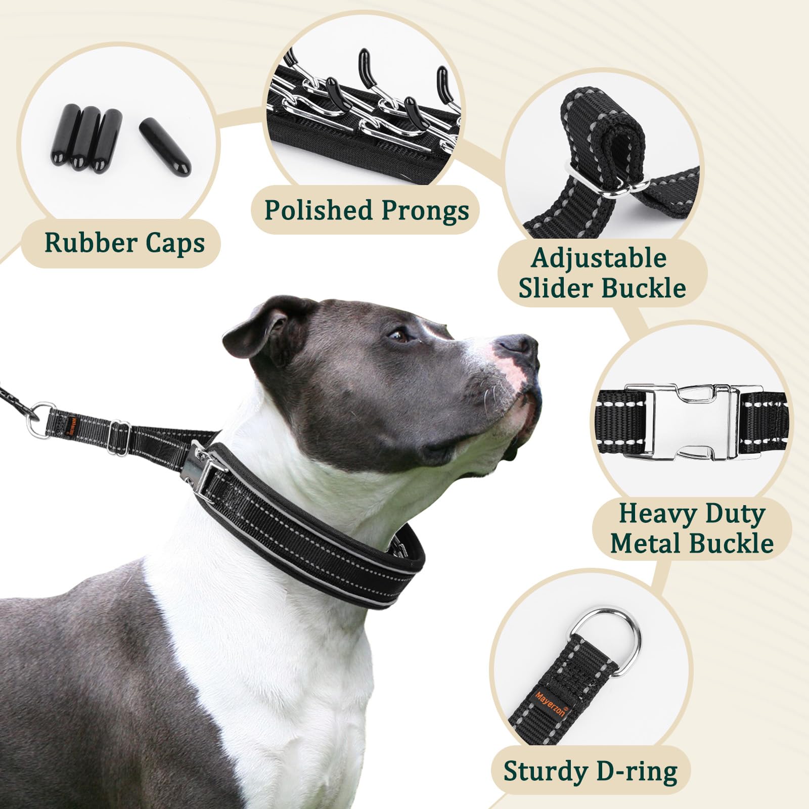 Mayerzon Prong Collar For Large Medium Dogs, Patented Reflective Pinch Collar With Metal Buckle, No Pull Adjustable Hidden Cover