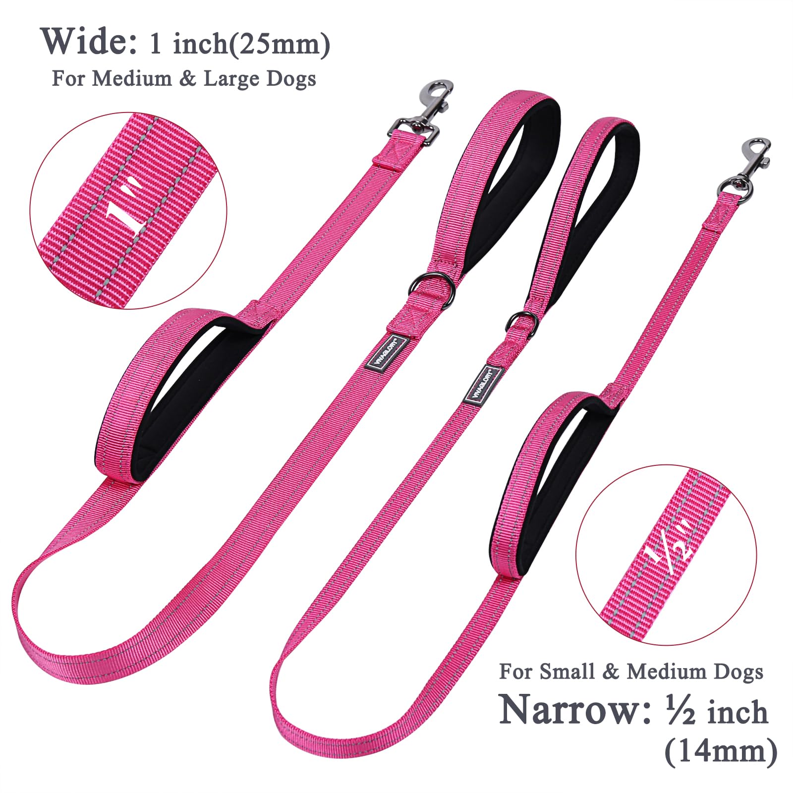 Vivaglory Traffic Handle Dog Leashes, Two Padded Soft Handles Strong Dog Leash, Reflective & Metal Hook Training Pet Lead, Pink