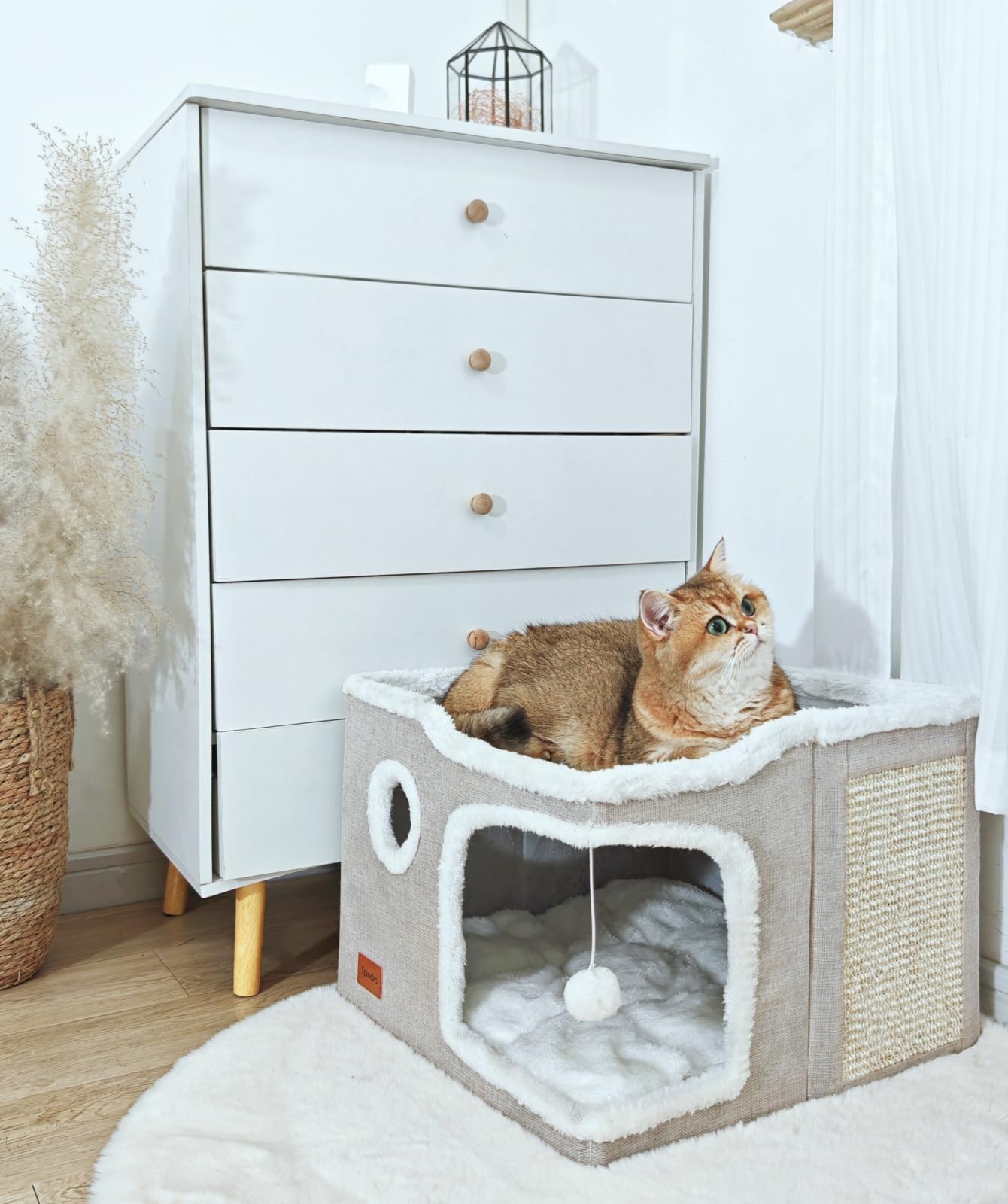 Spindro Large Cat Cave Bed for Indoor Cats, Foldable Pet House Cube with Scratch Pad, Kitten Condo Cat Hideaway Cute Hut with So