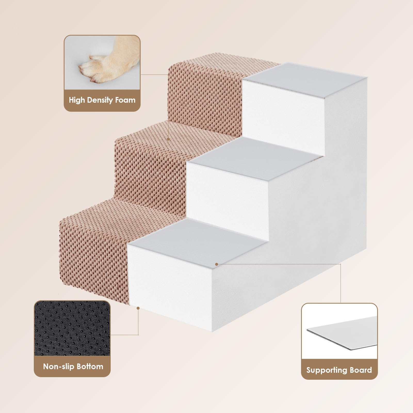 Eheyciga Dog Stairs For Small Dogs 13.5' H, 3-Step Dog Steps For Couch Sofa And Chair, Pet Steps For Small Dogs And Cats, Non-Slip Balanced Dog Indoor Ramp, Pink