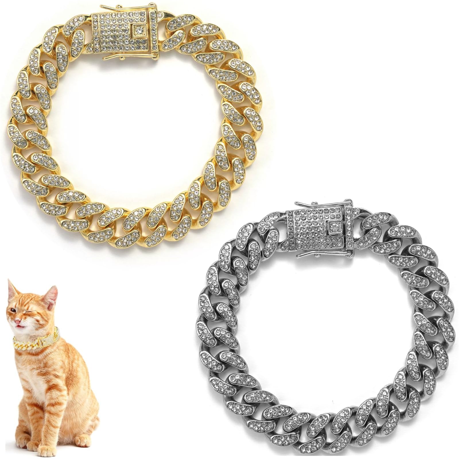 Cat Chain Collar, 2 Pcs Diamond Cuban Link Kitten Walking Collar with Secure Buckle Pet Rhinestones Necklace Metal Chain Jewelry