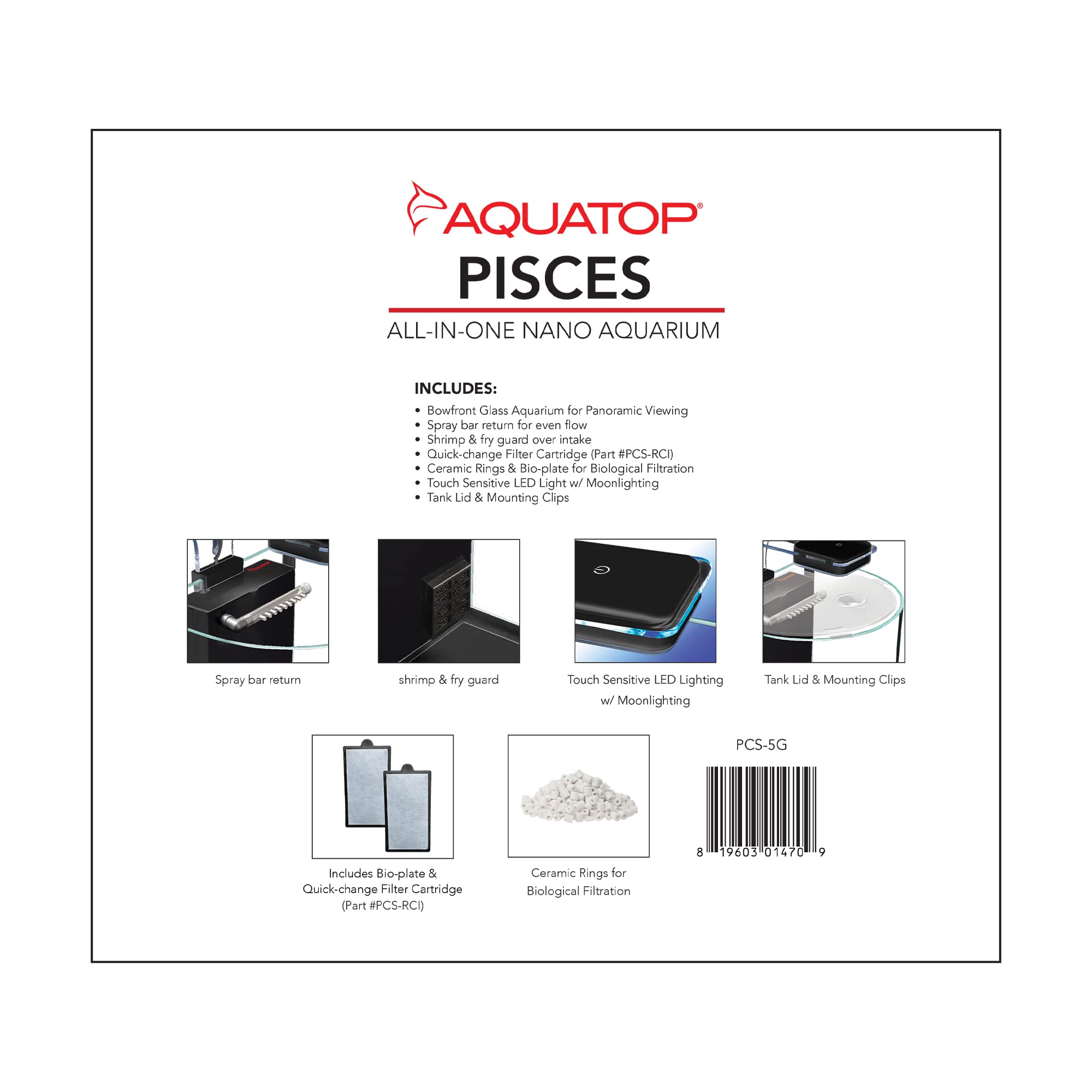 Aquatop Pisces Curved Bowfront Aquarium, 5 Gallons, 53Gph – Nano Semi-Circle Glass Aquarium Kit, For Salt & Freshwater Fish Tanks, Touch Sensitive Led Light, All In One Tank With Filter