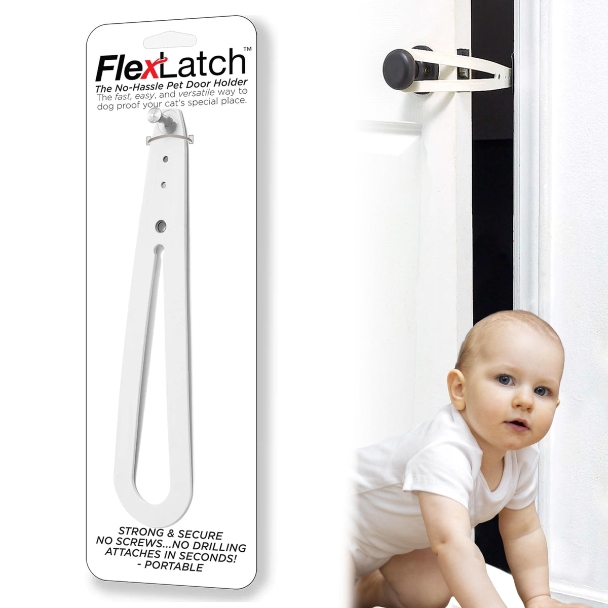 Flexlatch Baby-Pet Door Holder Latch, Child Proof Door Lock, Flex Latch Strap, Lets Cats In And Keeps Children Out (White)