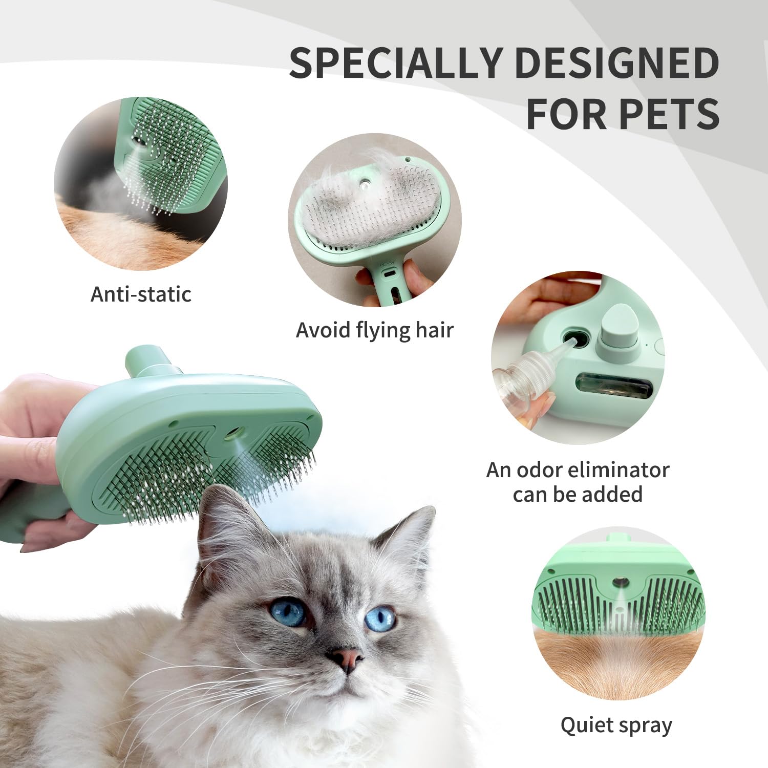 Pecait Cat & Dog Steam Brush - 3 in 1 Self Cleaning, Green, Metal Construction
