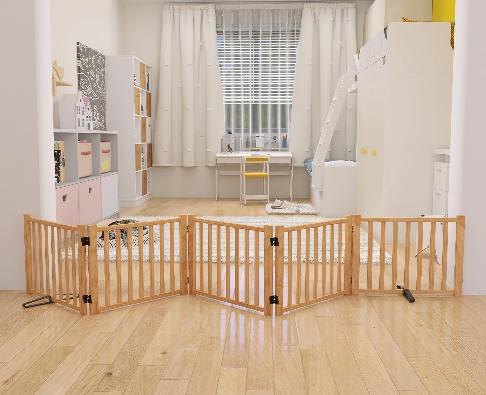 YOCAN Wooden Freestanding Dog Gates for The House,Doorways, Stairs,Wood Dog Fences Indoor Pet Gate,Step Over Fence, 5 Panel H:16