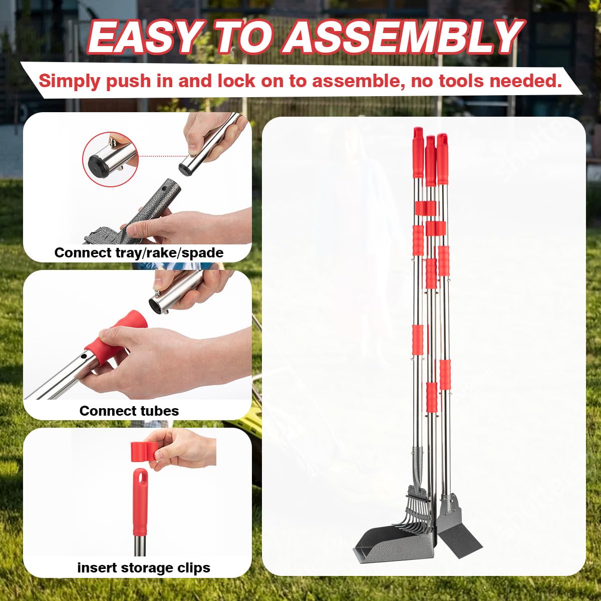 Fusbunty Pooper Scooper, Long Handle Dog Pooper Scooper, Heavy Duty Stainless Steel Rake With Tray & Spade Set For Pet Waste Rem