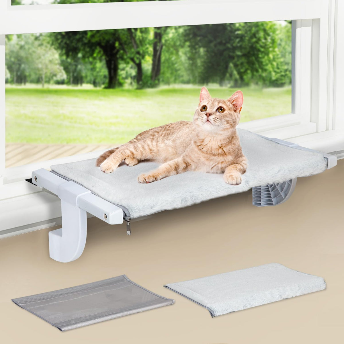 Zoratoo Window Sill Mount Cat Perch For Indoor Cats, One-Step Sliding Adjustment Cat Hammock Window Seat With Removable Two Fabrics Covers, No Suction Cups Cat Beds For Windowsill & Bedside (L)